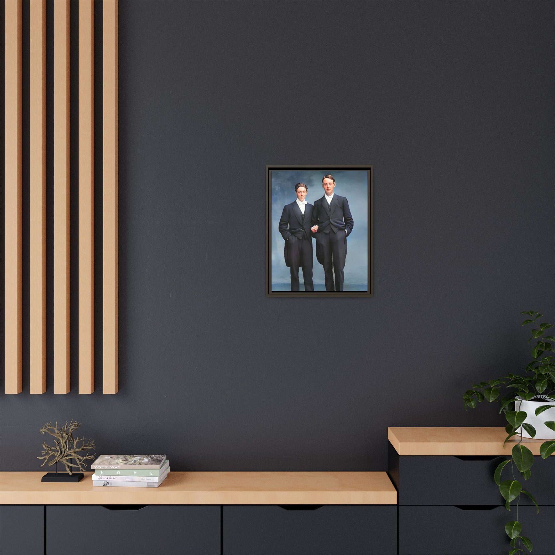 A framed vintage photo on matte canvas featuring a sophisticated LGBTQ+ couple in Rumson, NJ, capturing elegance and timeless love. Gay Formal Prom