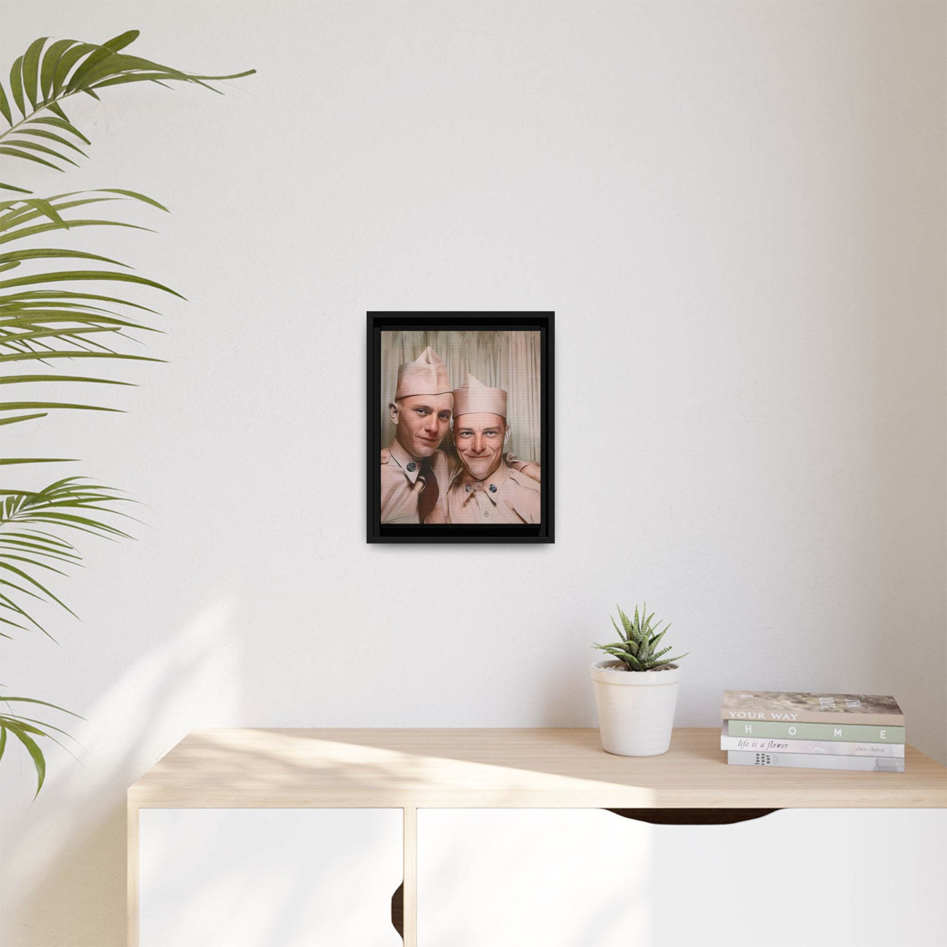A framed vintage army portrait on matte canvas featuring two soldiers at Puget Sound Naval Shipyard, symbolizing friendship and service. Gay Couple Photo Booth