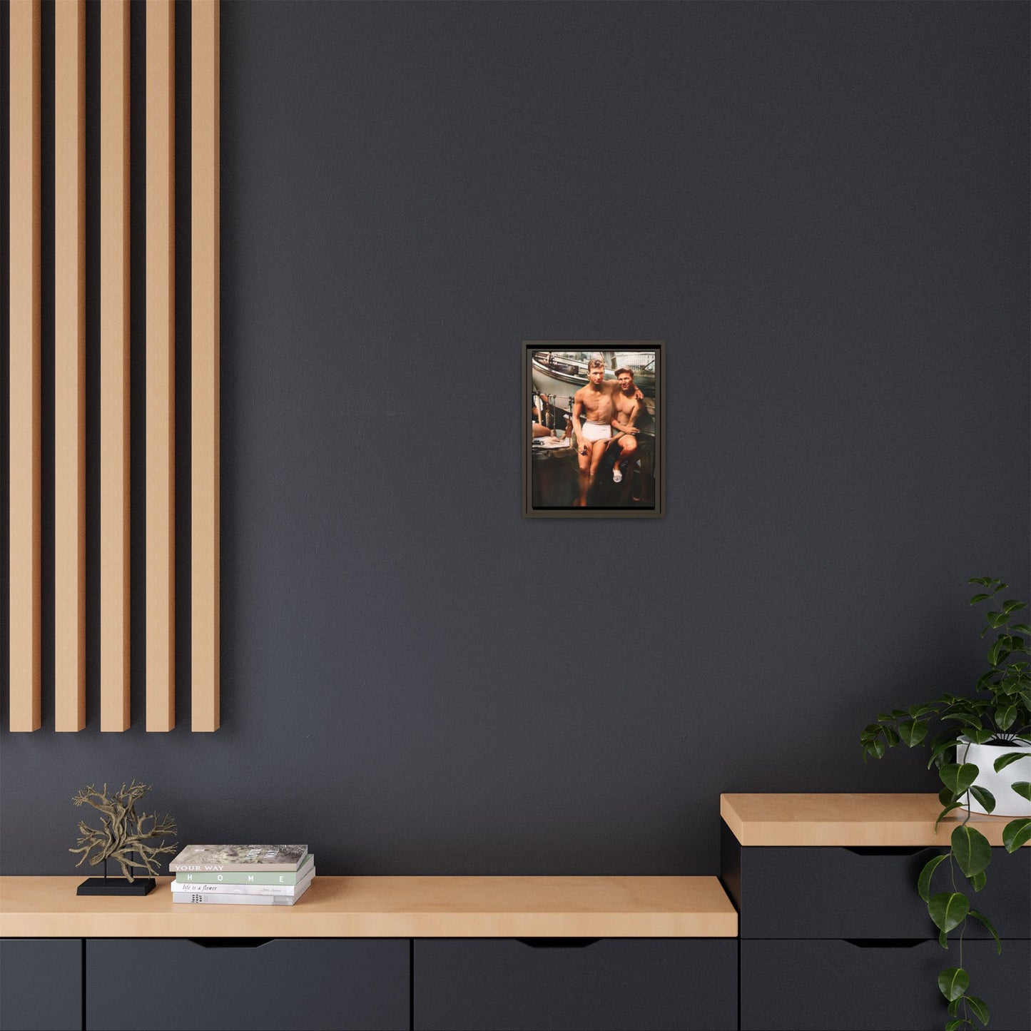 A framed vintage nautical portrait on matte canvas featuring Richard and Joey in Gulf Shores, Alabama, capturing timeless LGBTQ+ connection and coastal charm. Gay Couple
