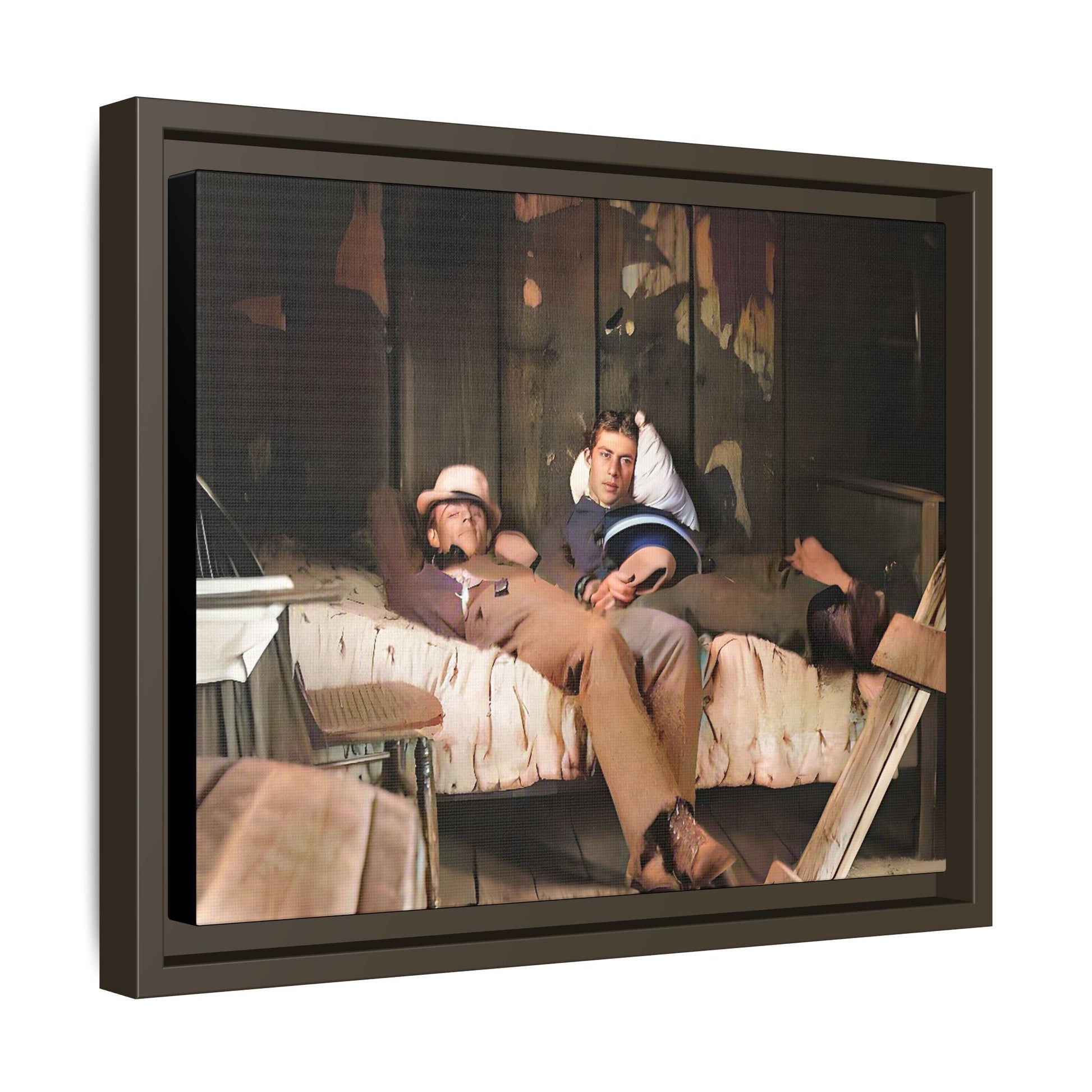 A vintage portrait of Henry & Joseph in a rustic Oregon cabin. This framed matte canvas captures LGBTQ+ history, love, and the beauty of a quiet, intimate moment, making it a timeless and meaningful addition to any collection or home. Gay Couple in bed.
