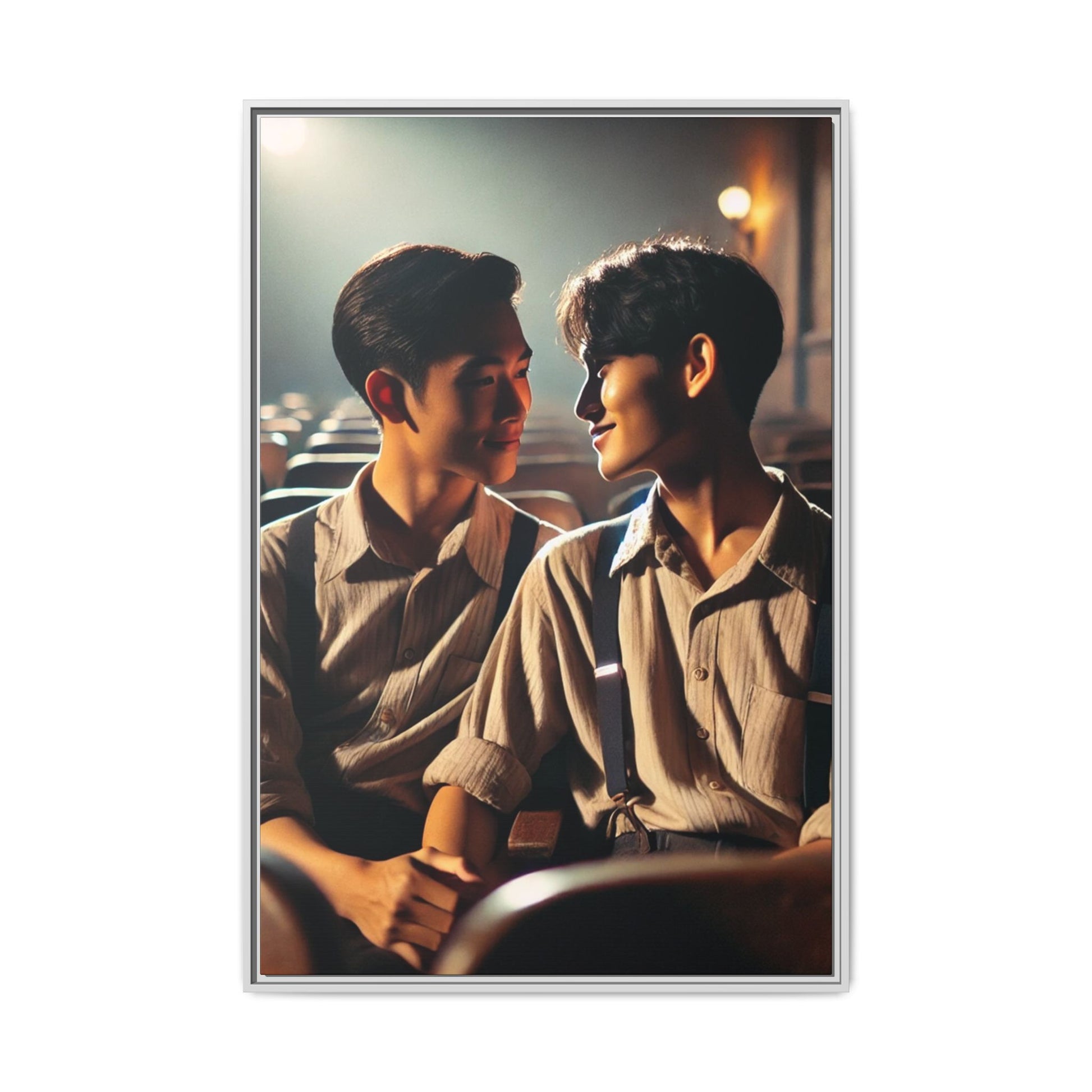 In the hush of a dimly lit Korean cinema, two young men sit hand-in-hand—sharing a gaze filled with tenderness, defiance, and quiet joy. Dressed in mid-century attire with soft linen shirts and suspenders, they embody a moment of connection that feels both intimate and revolutionary. This restored and colorized vintage portrait, believed to be from 1947 Korea, is a poignant reminder that queer love has always existed—even in places and times where it dared not speak its name.