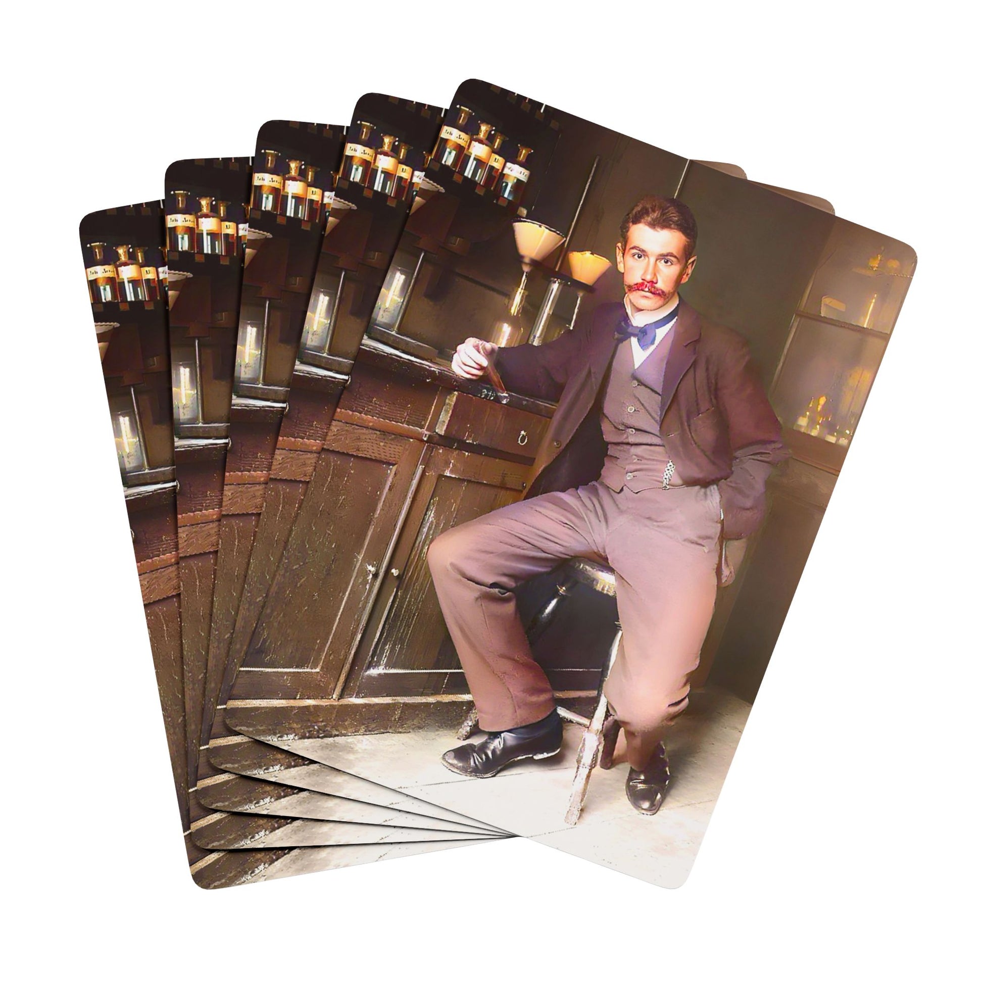 Vintage photo of a well-dressed scientist in a historical laboratory, surrounded by glassware and early scientific tools.