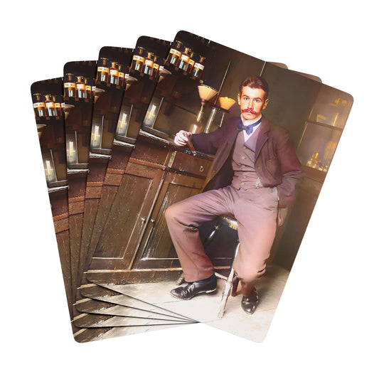 Vintage photo of a well-dressed scientist in a historical laboratory, surrounded by glassware and early scientific tools.