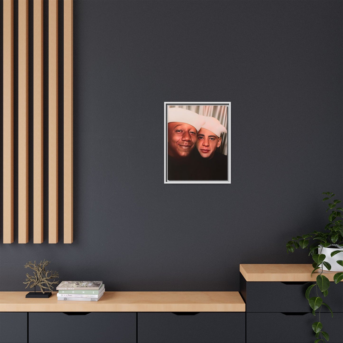 Restored vintage photo of Arthur & Marvin, WWII-era gay sailors in a photo booth, Daytona Beach FL, framed canvas art.