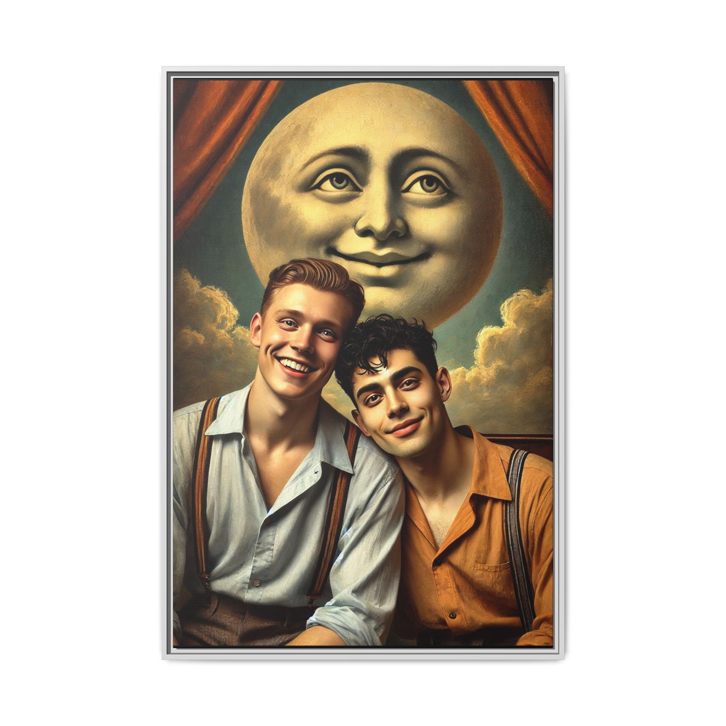 Framed artwork featuring a joyful queer couple in 1930s attire, seated close together beneath a smiling full moon in a theatrical studio setting. A celebration of reclaimed LGBTQ+ narratives in nostalgic portraiture.