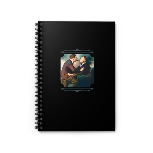 Spiral notebook featuring a restored vintage photo of a gay couple in a tender embrace, dressed formally.