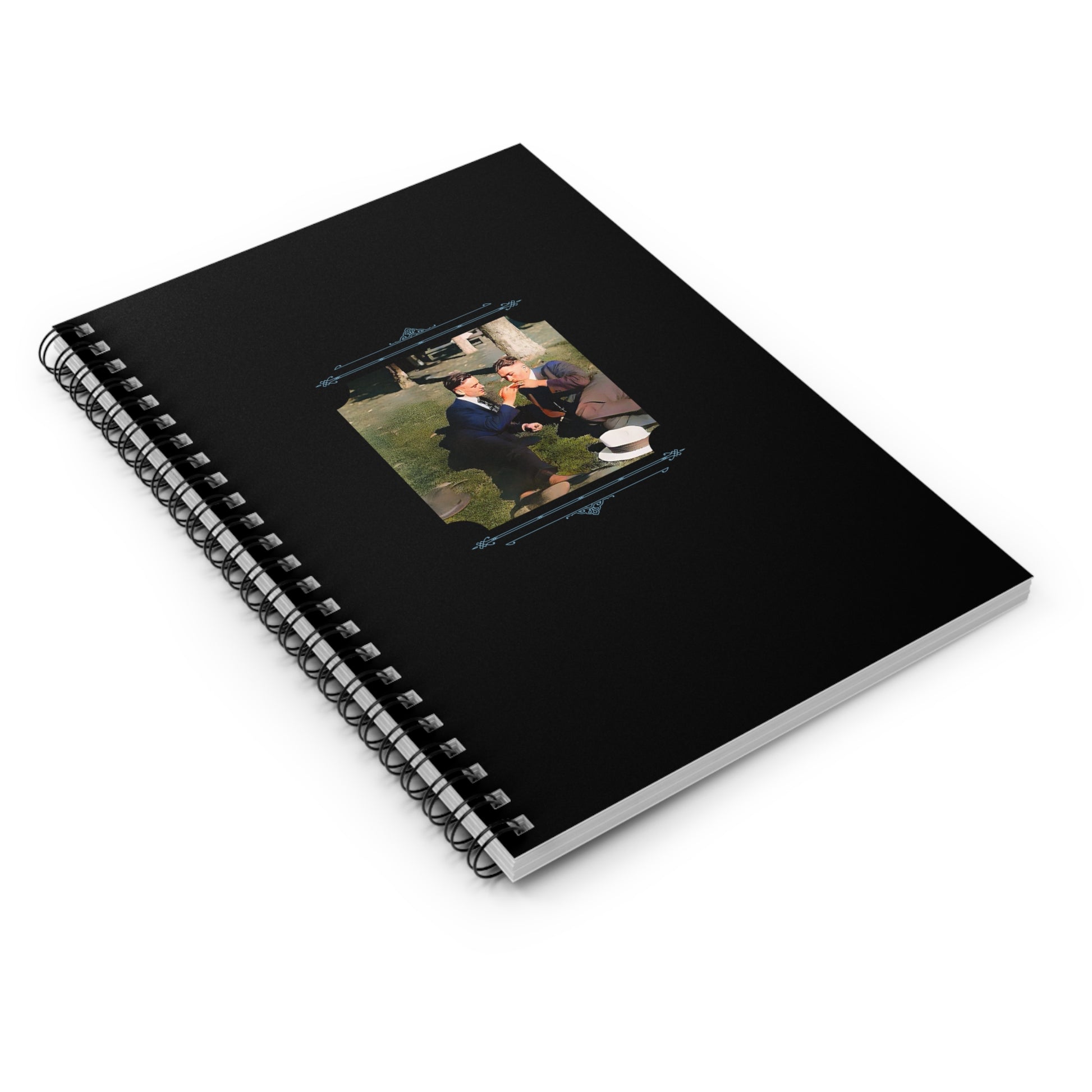 Gay couple smoking in Central Park, vintage colorized photo, printed on ruled spiral notebook cover.