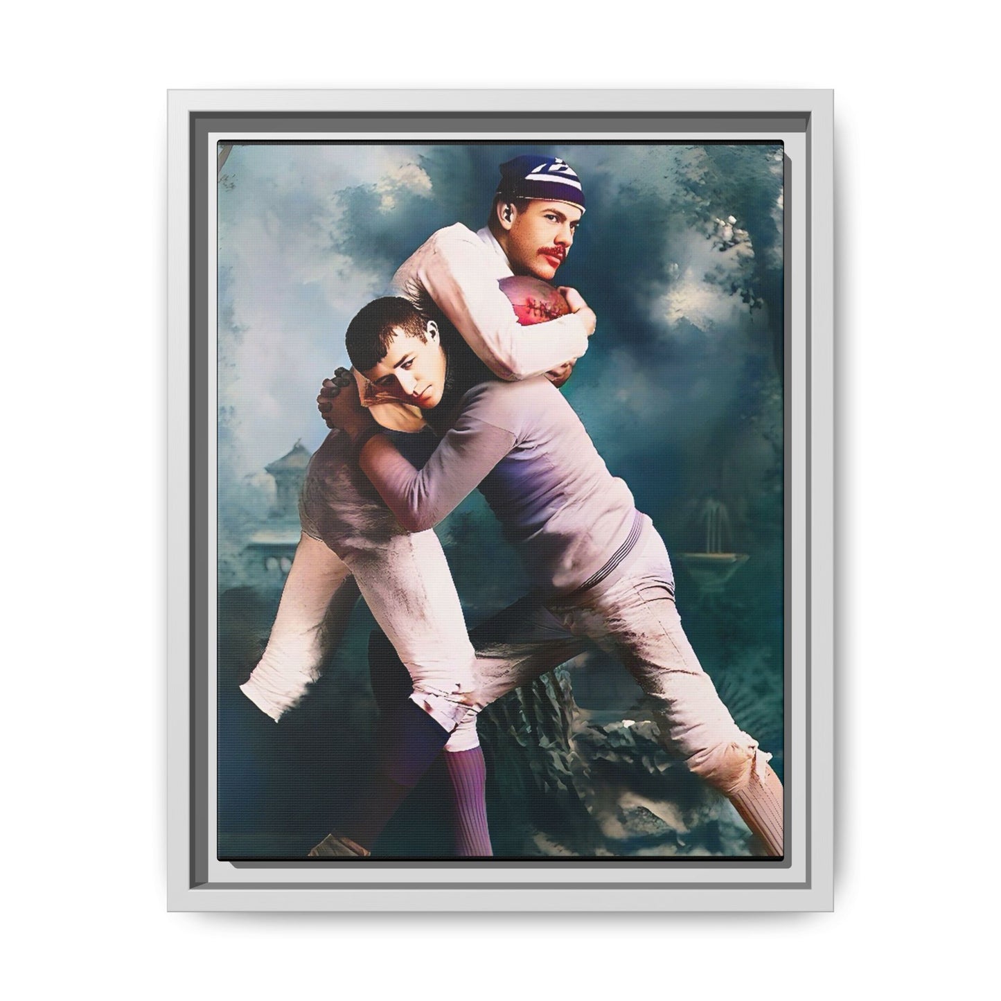 A framed vintage sports portrait on matte canvas featuring Theodore and Patrick in Chapel Hill, North Carolina, capturing timeless strength, camaraderie, and connection.