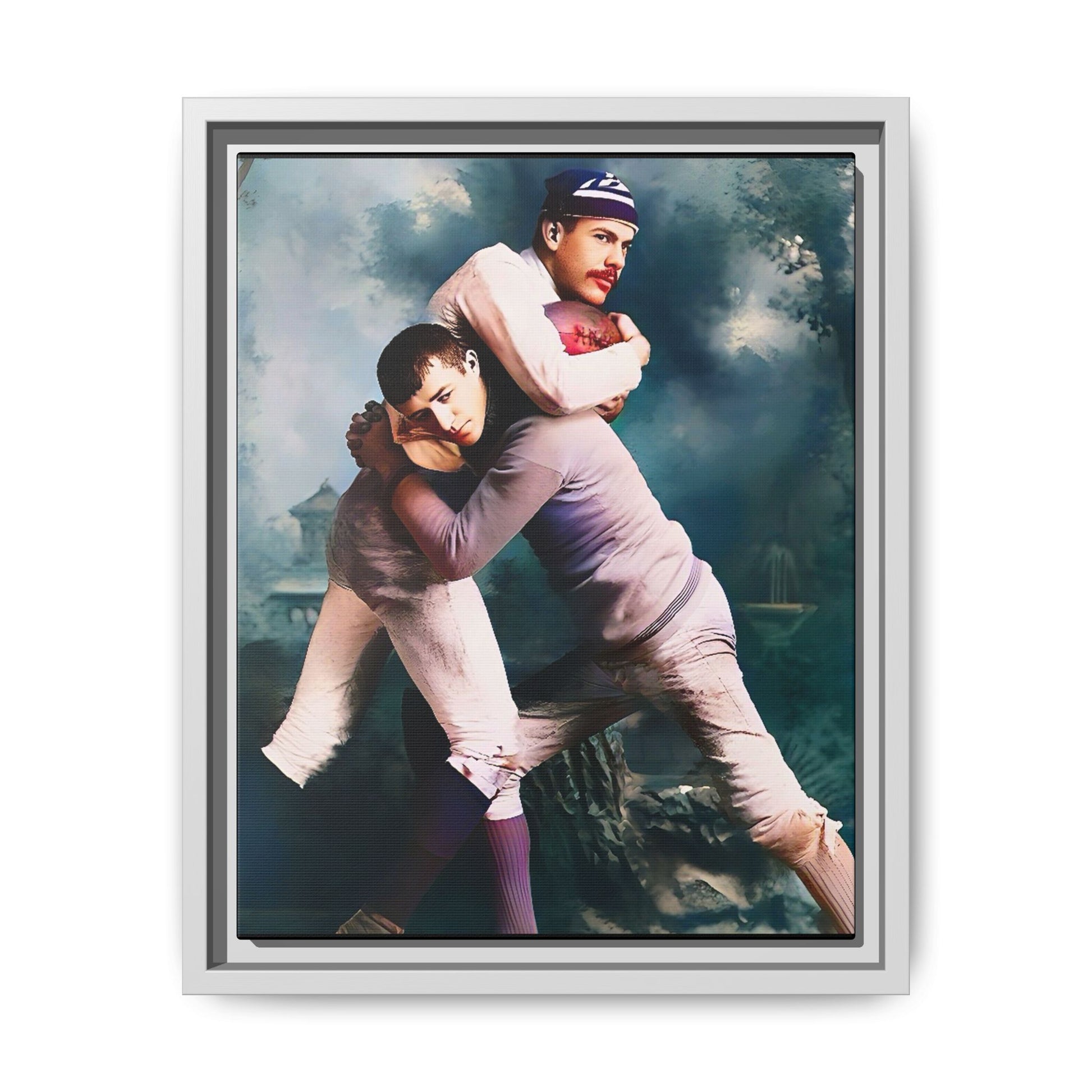 A framed vintage sports portrait on matte canvas featuring Theodore and Patrick in Chapel Hill, North Carolina, capturing timeless strength, camaraderie, and connection.