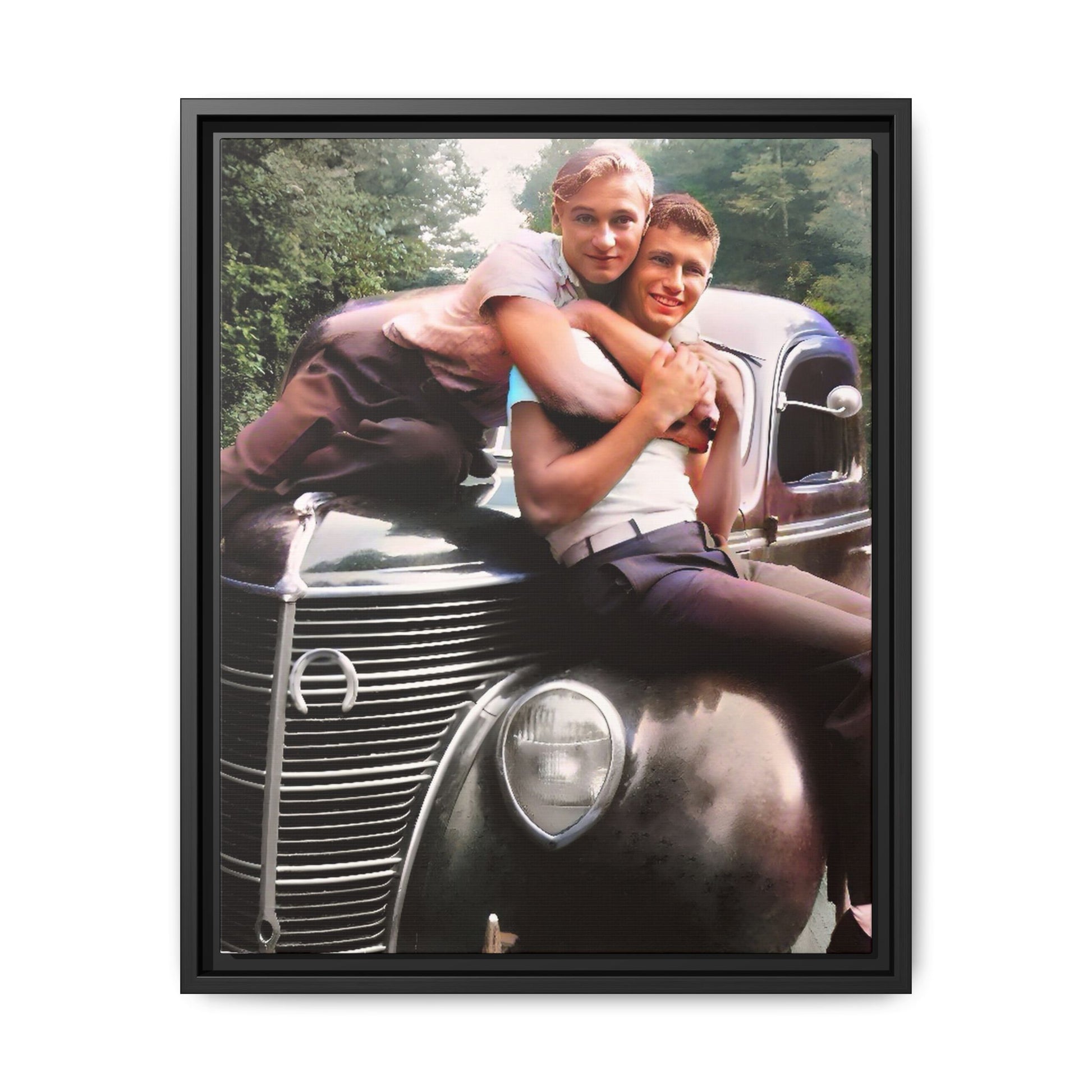 Vintage LGBTQ+ love portrait of Kent & Jamie in Watkins Glen, NY. A nostalgic moment on a classic car, now a museum-quality matte canvas print with handcrafted frame options. Perfect for collectors and those celebrating LGBTQ+ history. Gay Couple