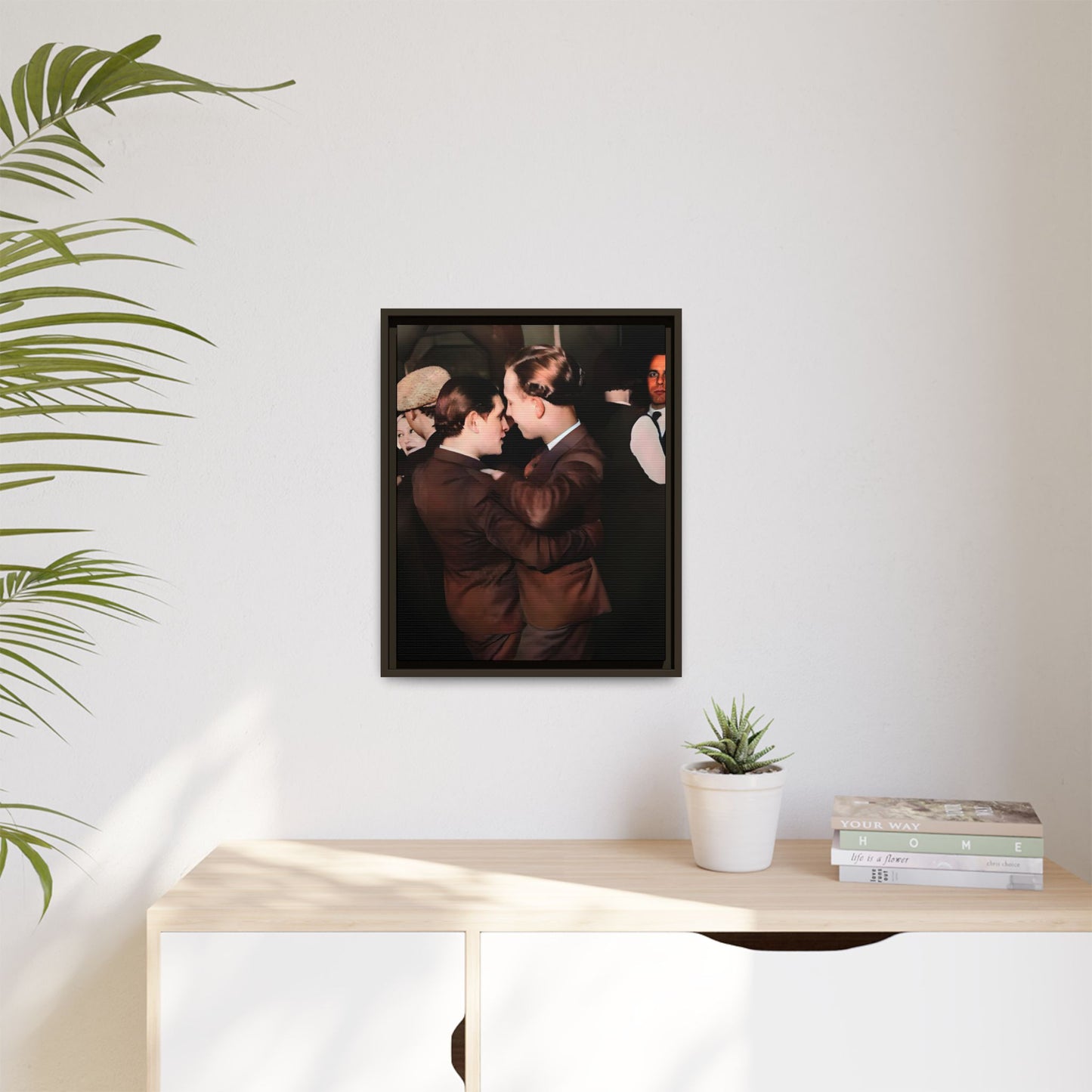 Vintage Gay dance portrait of Bernard & Leroy at an Atlanta soirée. Their embrace reflects timeless love and authenticity. A framed matte canvas print celebrating history, romance, and the elegance of shared moments.