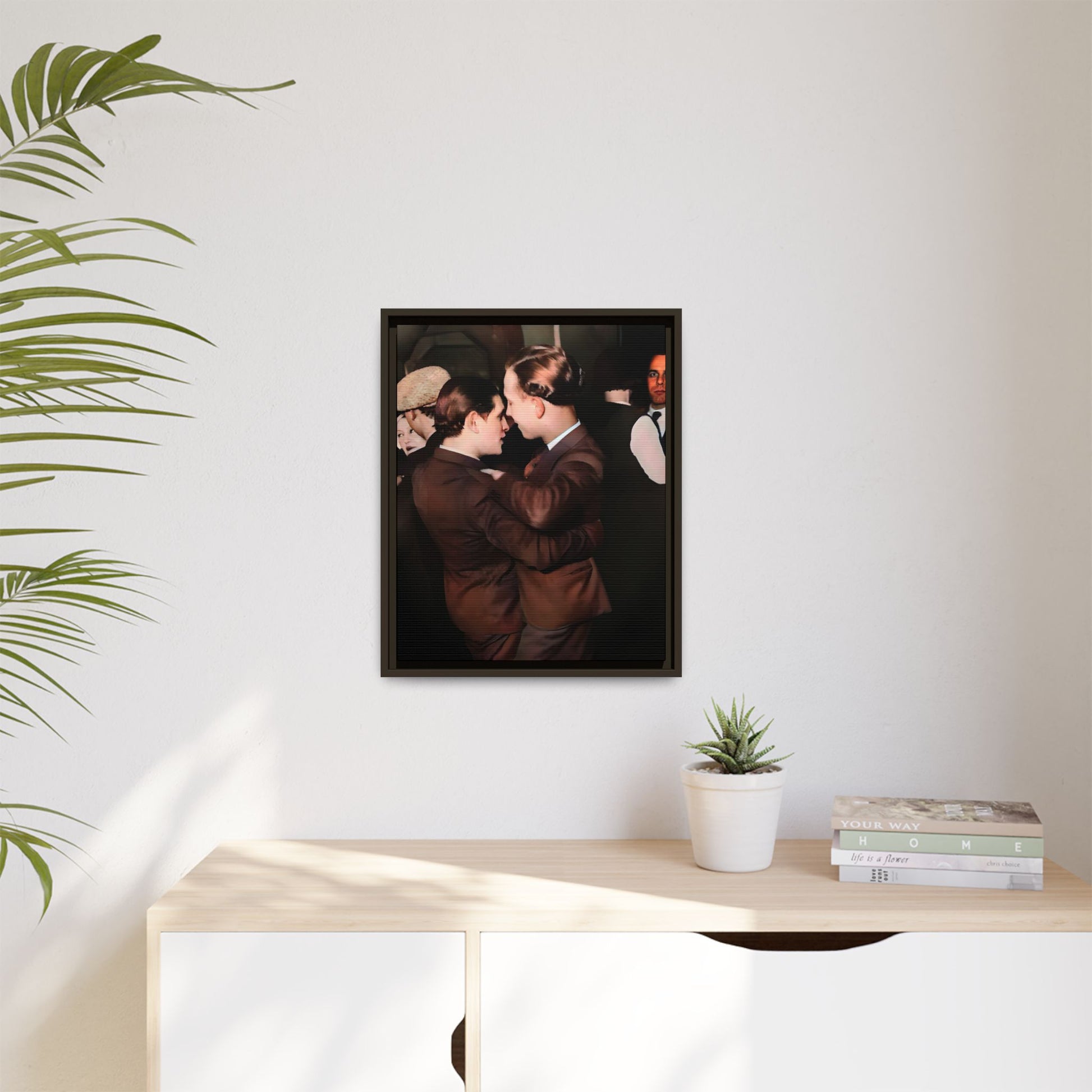 Vintage Gay dance portrait of Bernard & Leroy at an Atlanta soirée. Their embrace reflects timeless love and authenticity. A framed matte canvas print celebrating history, romance, and the elegance of shared moments.