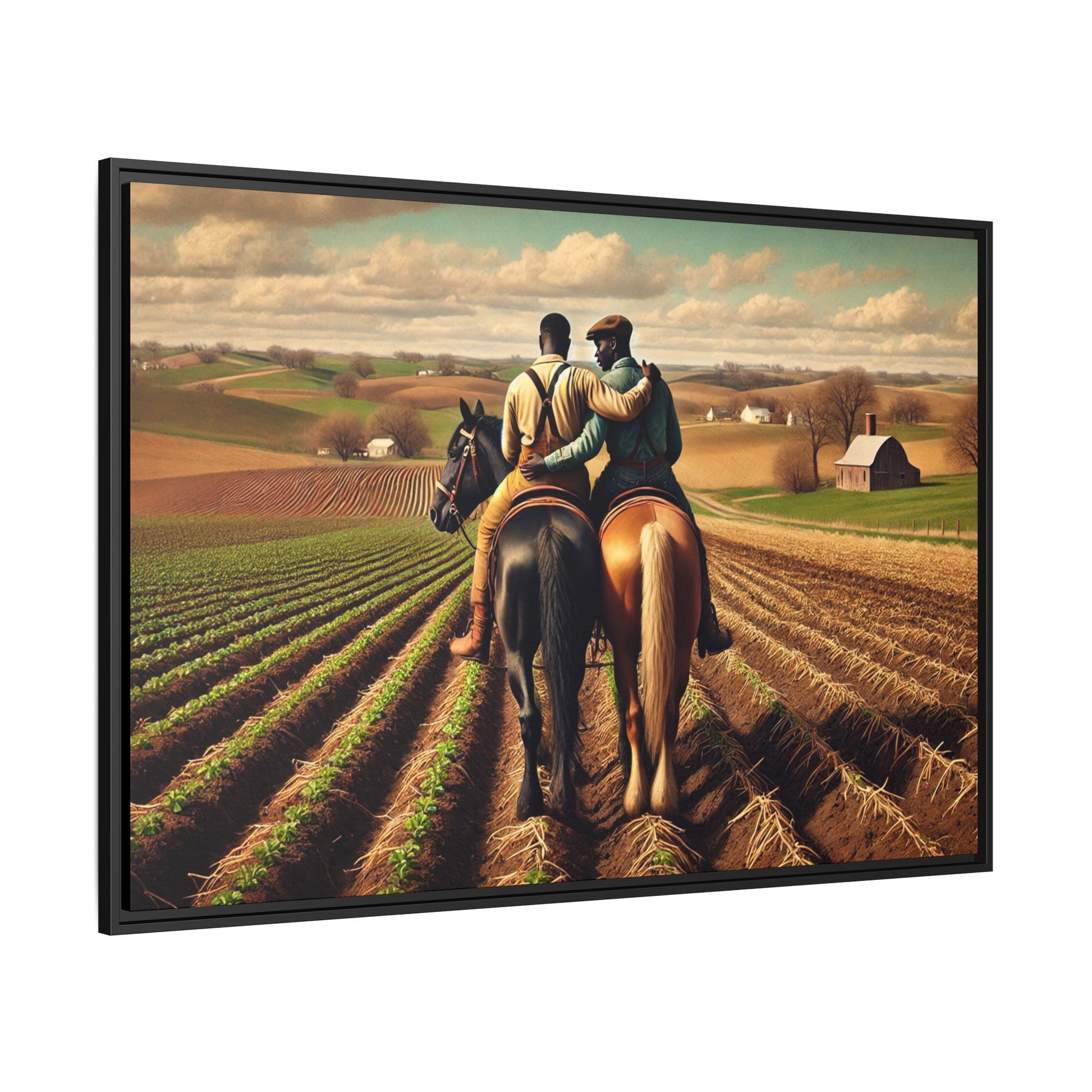 Artwork of an African-American gay couple riding horseback through expansive farmland, sharing a tender moment as they overlook lush fields. Dressed in rugged vintage attire, this scene captures resilience, love, and the charm of rural life, celebrating LGBTQ+ history and African-American heritage.