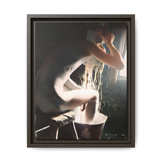 Restored early 20th-century photo of Roy during a rustic bathing ritual in Rock Springs, Wyoming, framed as wall décor celebrating simplicity and renewal.