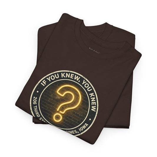 Vintage LGBTQ nightlife shirt featuring neon question mark and Court Avenue history