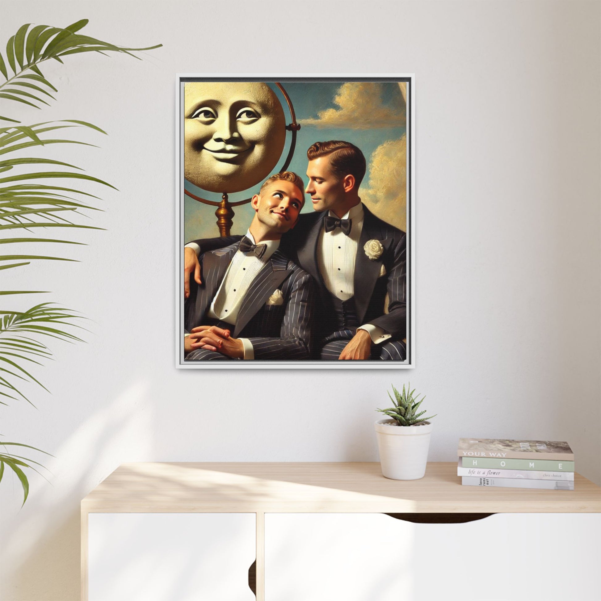 Framed matte canvas portrait featuring two young men in vintage overalls with a crescent moon prop above them. This artwork from the Missing Art Studies series reclaims LGBTQ+ imagery that may have been lost to bias, presenting warmth, intimacy, and presence.