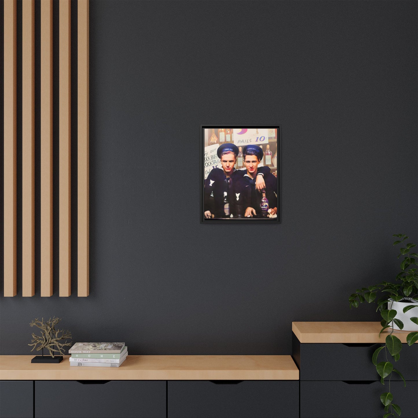 A restored vintage naval portrait of Leo & Vincent, two sailors at Norfolk Naval Station. This framed matte canvas captures LGBTQ+ history, camaraderie, and resilience in a timeless moment. Gay Couple