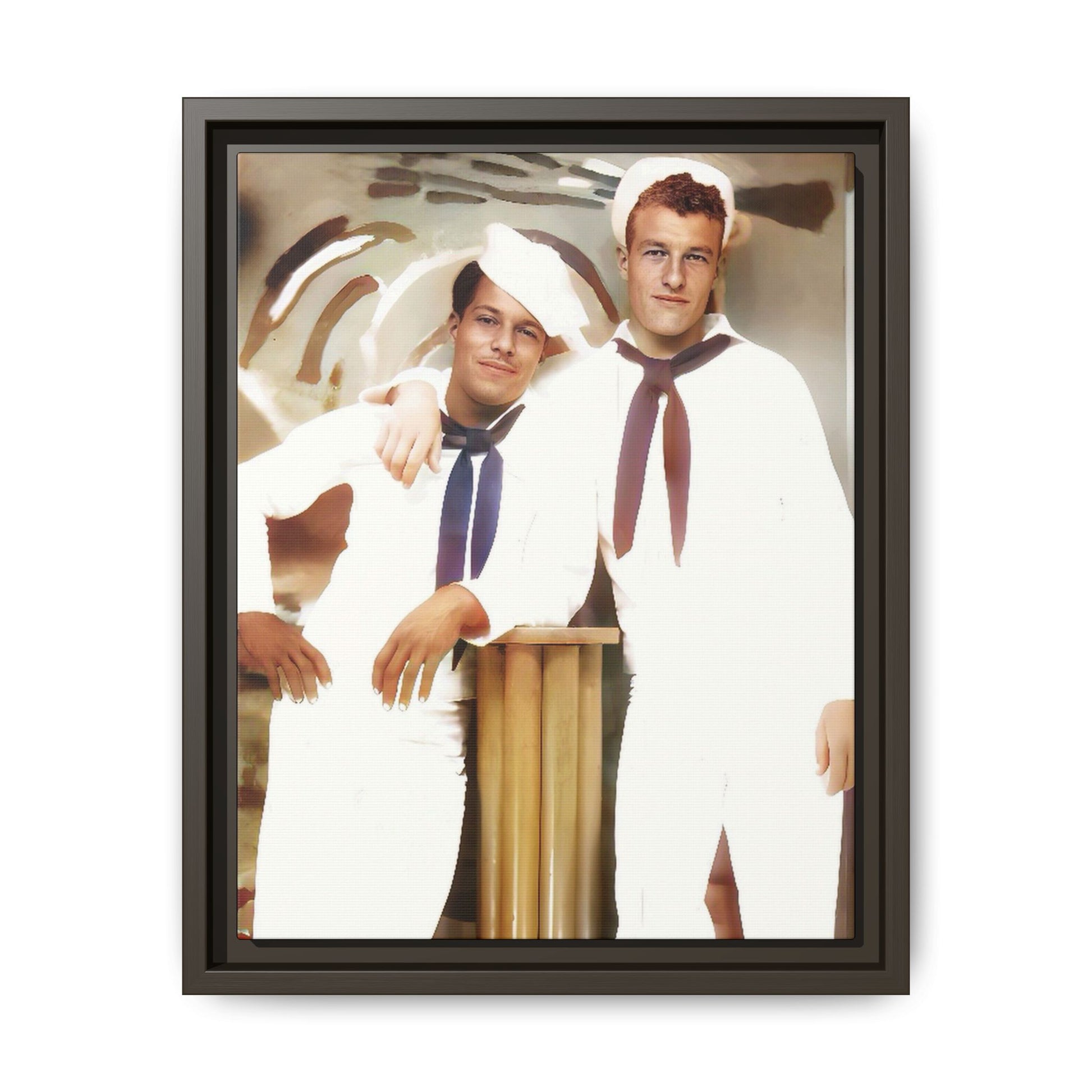 Vintage portrait of Leo & Russel aboard the USS South Dakota. Dressed in crisp naval whites, this LGBTQ+ military art print honors love, service, and history. A perfect addition for collectors, history lovers, and those who cherish authentic connections. African American Gay Juneteenth Black History Month Love Couple