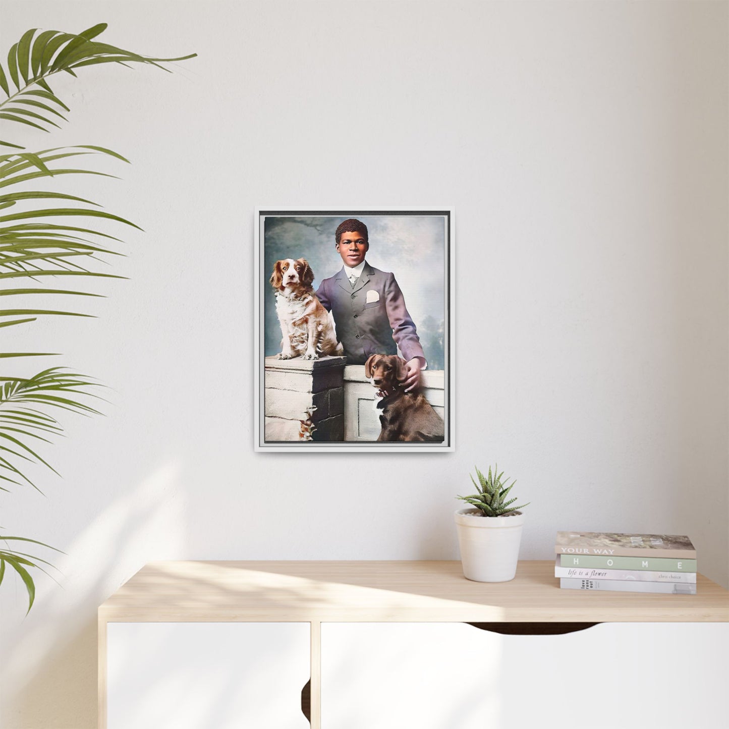 A restored vintage portrait of Marcus with his dogs, Buster and Ellis, in Charlotte, North Carolina. This framed matte canvas print captures the elegance of Southern charm and the enduring bond between a man and his loyal companions. Vintage Dog Portrait