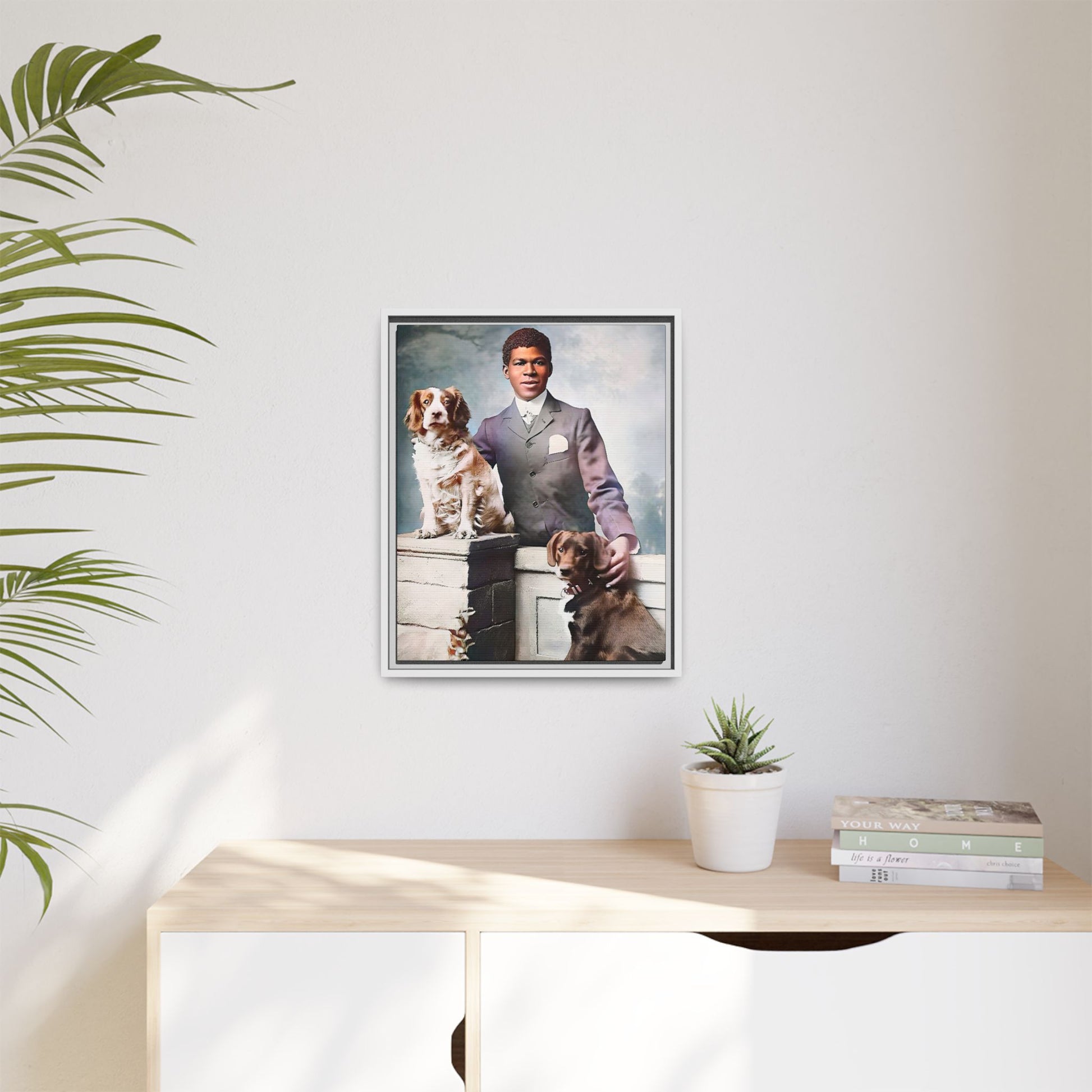 A restored vintage portrait of Marcus with his dogs, Buster and Ellis, in Charlotte, North Carolina. This framed matte canvas print captures the elegance of Southern charm and the enduring bond between a man and his loyal companions. Vintage Dog Portrait