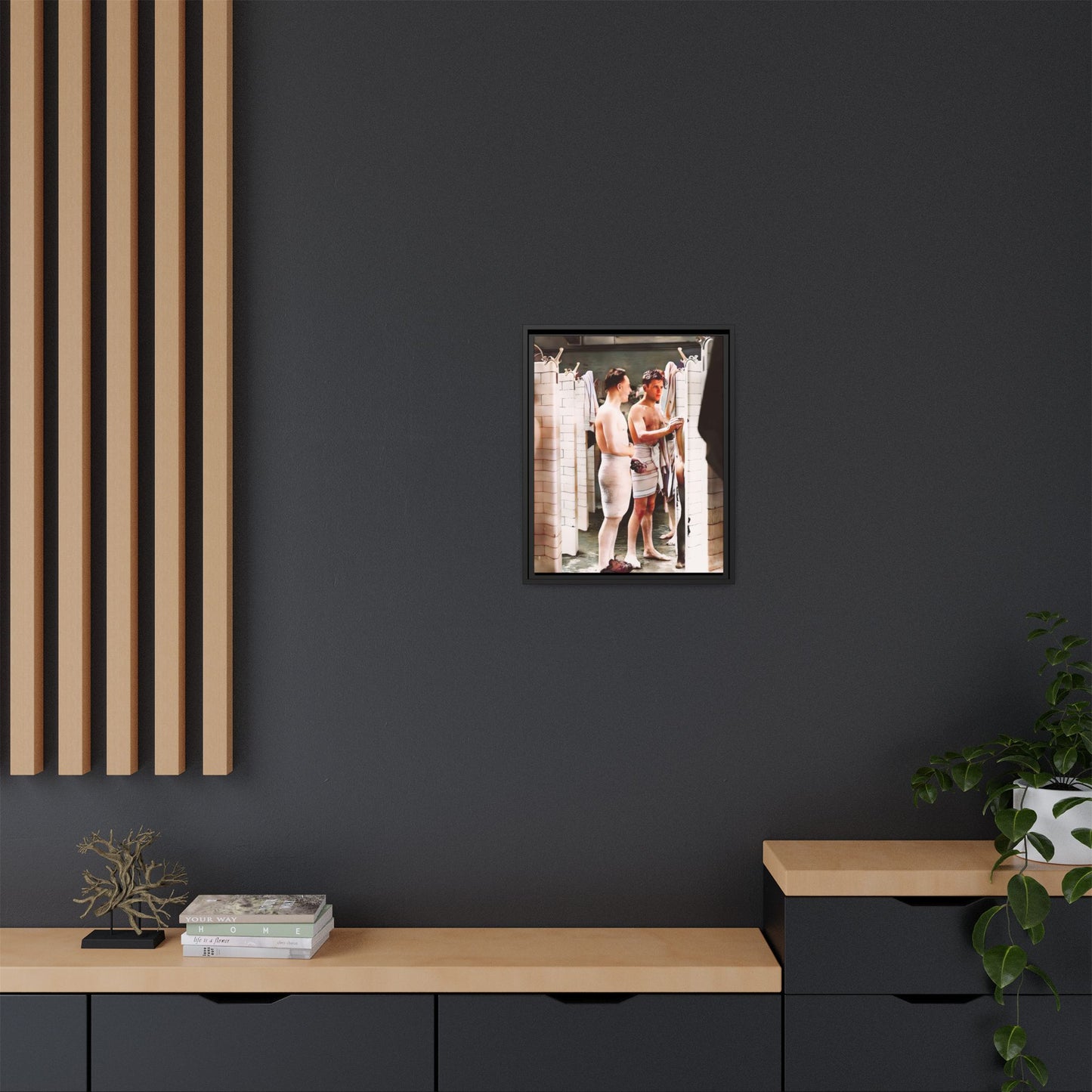 A restored and colorized vintage photo of Everard Baths in Manhattan, NYC. This framed matte canvas print celebrates LGBTQ+ history, capturing the spirit of camaraderie, liberation, and hidden stories from the past.