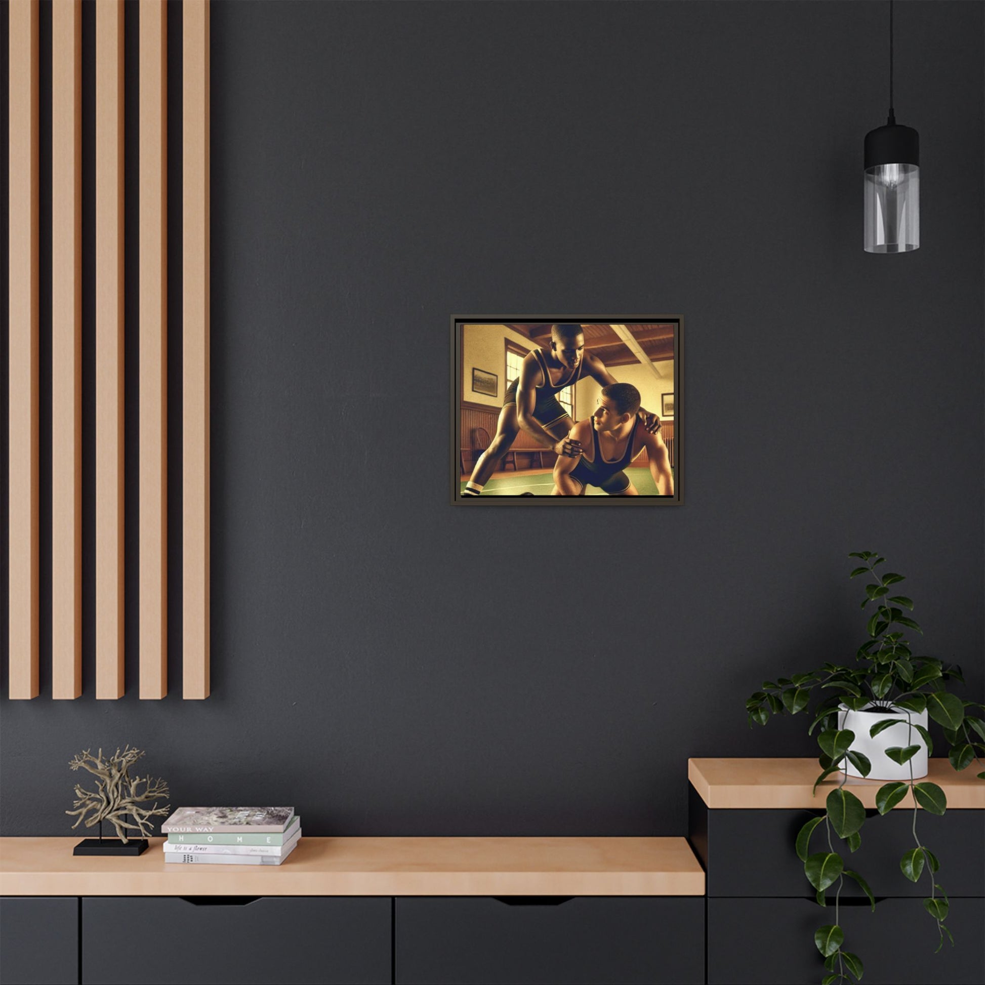Framed canvas artwork inspired by Grant Wood featuring African-American and European-American wrestlers in a vintage gymnasium. A tribute to unity, diversity, and regionalist art.