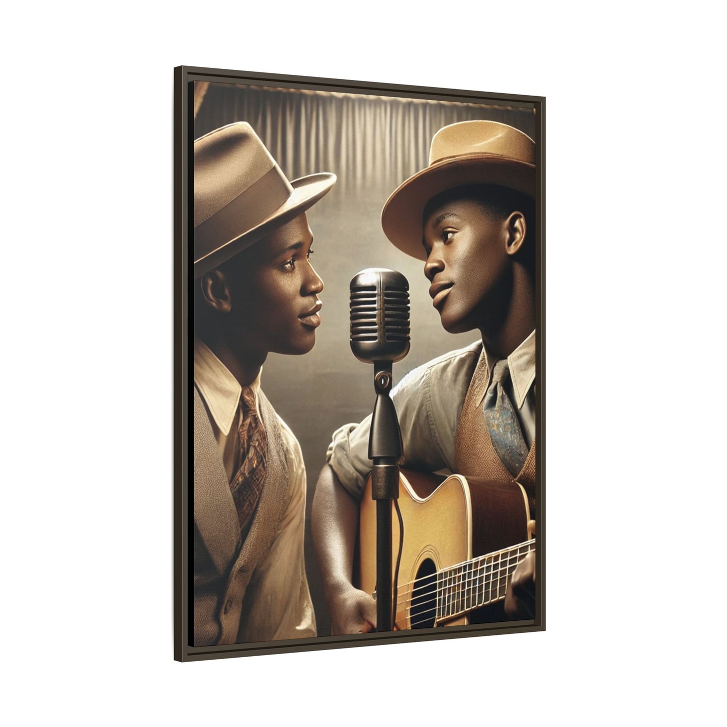 Artwork of an African-American gay couple recording a song in a 1930s-style studio. Dressed in vintage attire with fedoras and ties, they share a close, tender moment around a classic microphone, capturing love, music, and cultural heritage in a nostalgic setting