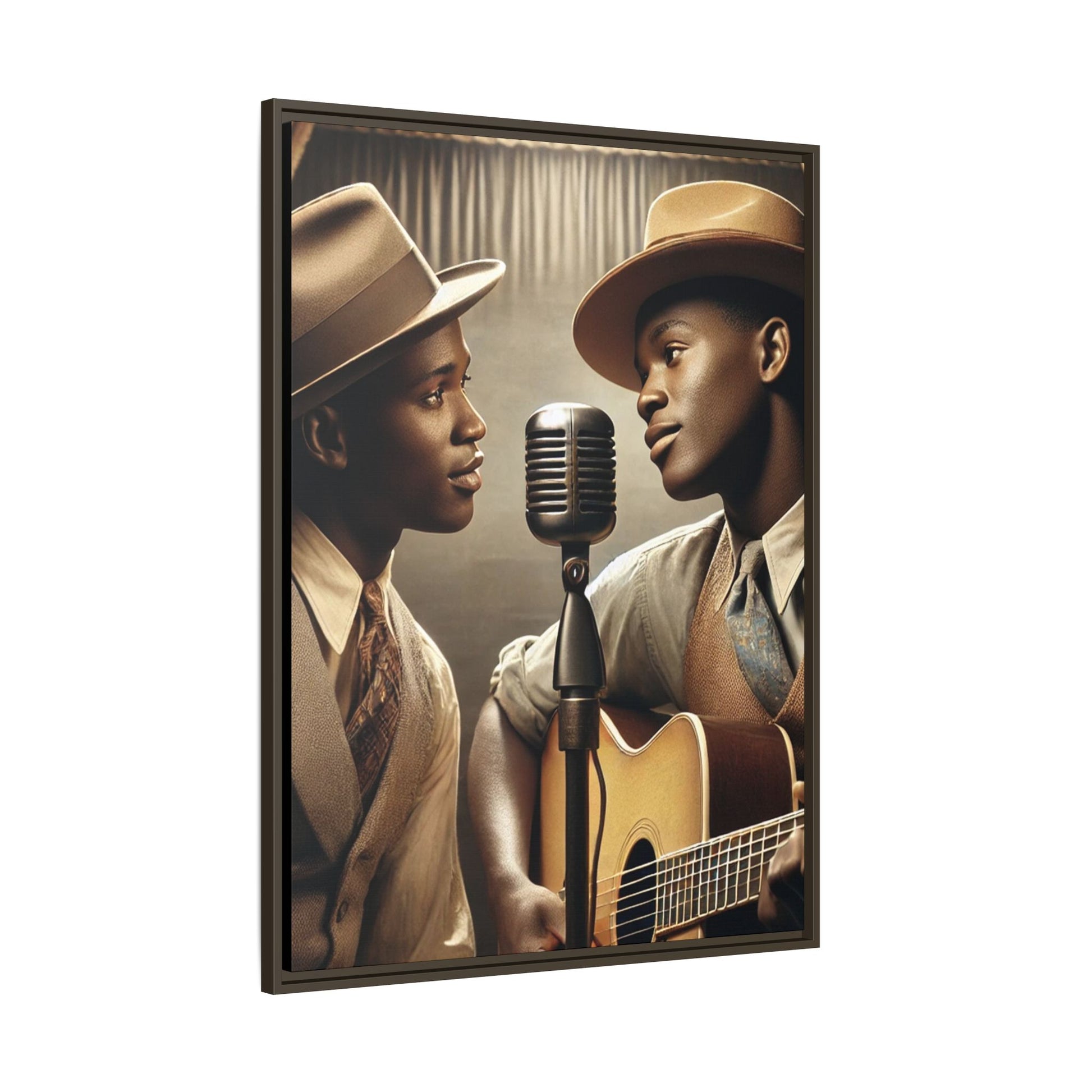 Artwork of an African-American gay couple recording a song in a 1930s-style studio. Dressed in vintage attire with fedoras and ties, they share a close, tender moment around a classic microphone, capturing love, music, and cultural heritage in a nostalgic setting