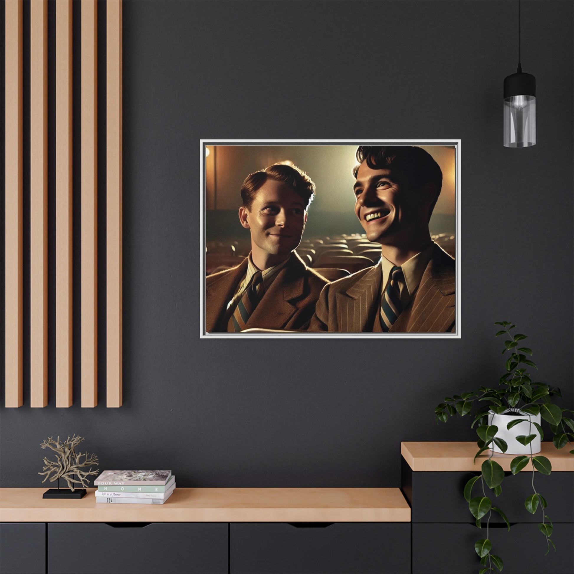 Vintage-style photo of two young men sharing an intimate moment on a date in a 1930s movie theater. Dressed in classic pinstripe suits, their smiles and close connection evoke the warmth and charm of the era, celebrating LGBTQ+ history and timeless romance.