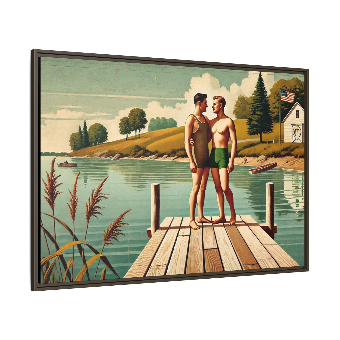 Framed artwork of a gay couple sharing a tender moment on a wooden dock by a peaceful lake, dressed in vintage swimwear. Set against rolling hills and a lakeside cabin, this nostalgic scene honors LGBTQ+ love in a serene Midwestern summer setting.