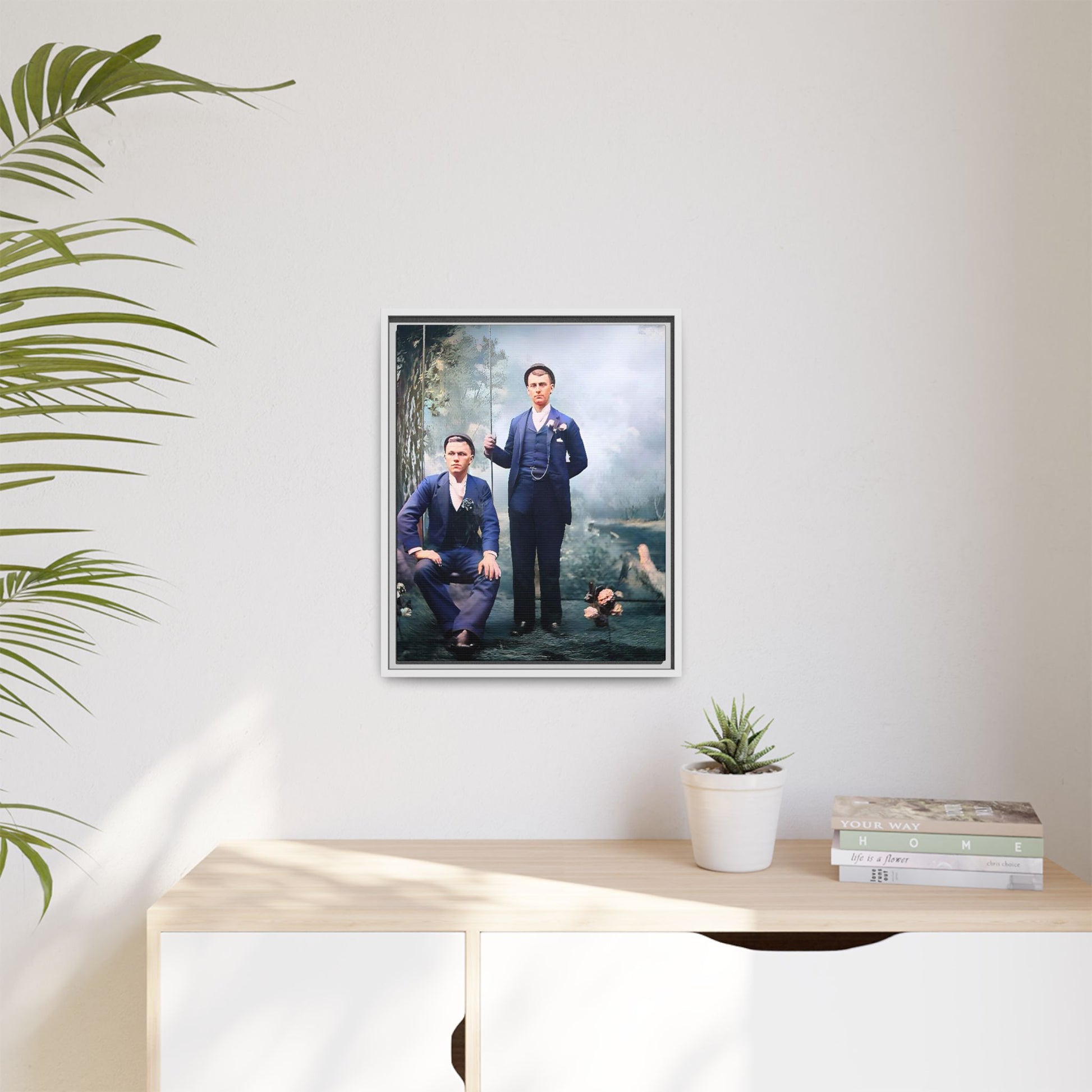 A restored vintage portrait of David & Earnest in Monongahela City, Pennsylvania. This framed matte canvas honors LGBTQ+ history, elegance, and enduring love. Gay Couple
