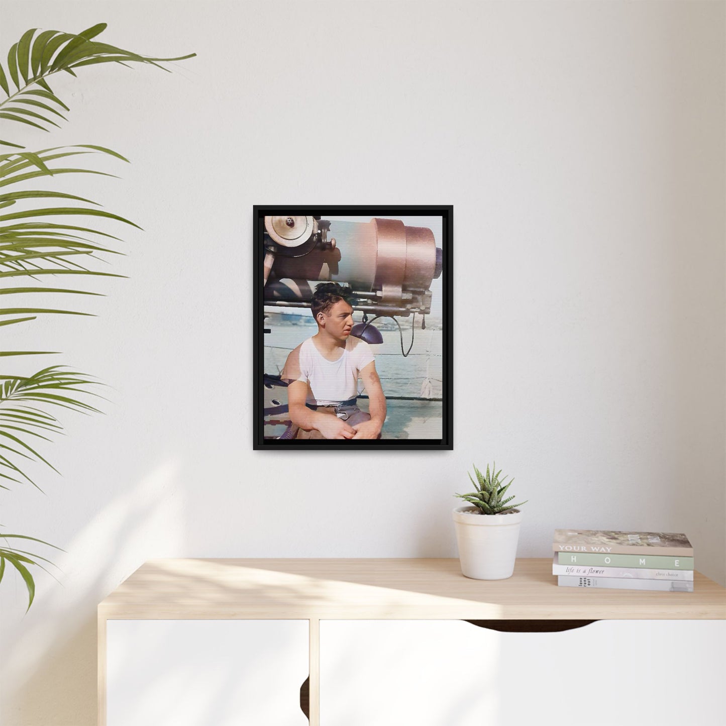 A restored vintage portrait of Harvey aboard the USS Oklahoma (BB-37). This framed matte canvas honors naval history, resilience, and service. Battleship Photo