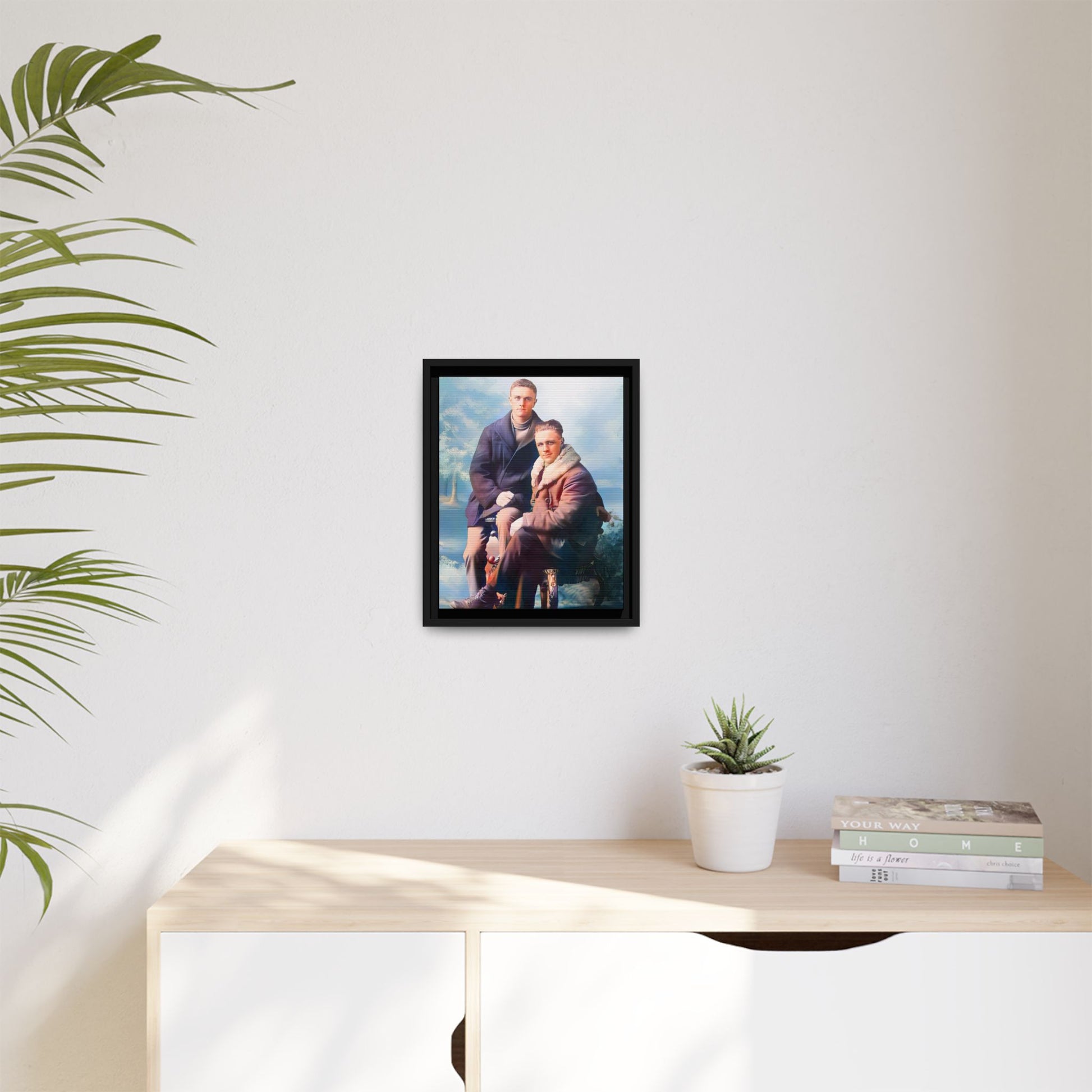 Restored vintage photograph of David and Sam, a gay couple in winter attire from early 20th century Yakima, Washington. Framed matte canvas print showcasing love, resilience, and Gay  history.