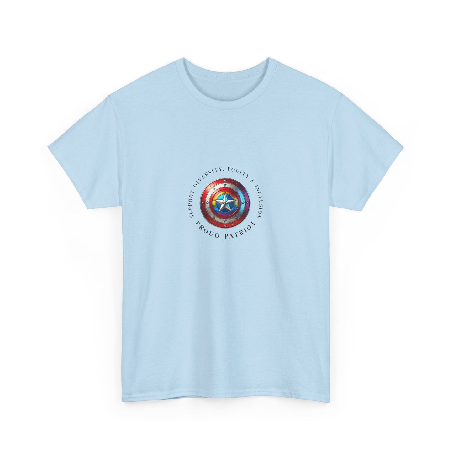 Vibrant DEI shield design on a unisex t-shirt celebrating diversity, equity, inclusion, and patriotism with a rainbow and star emblem.