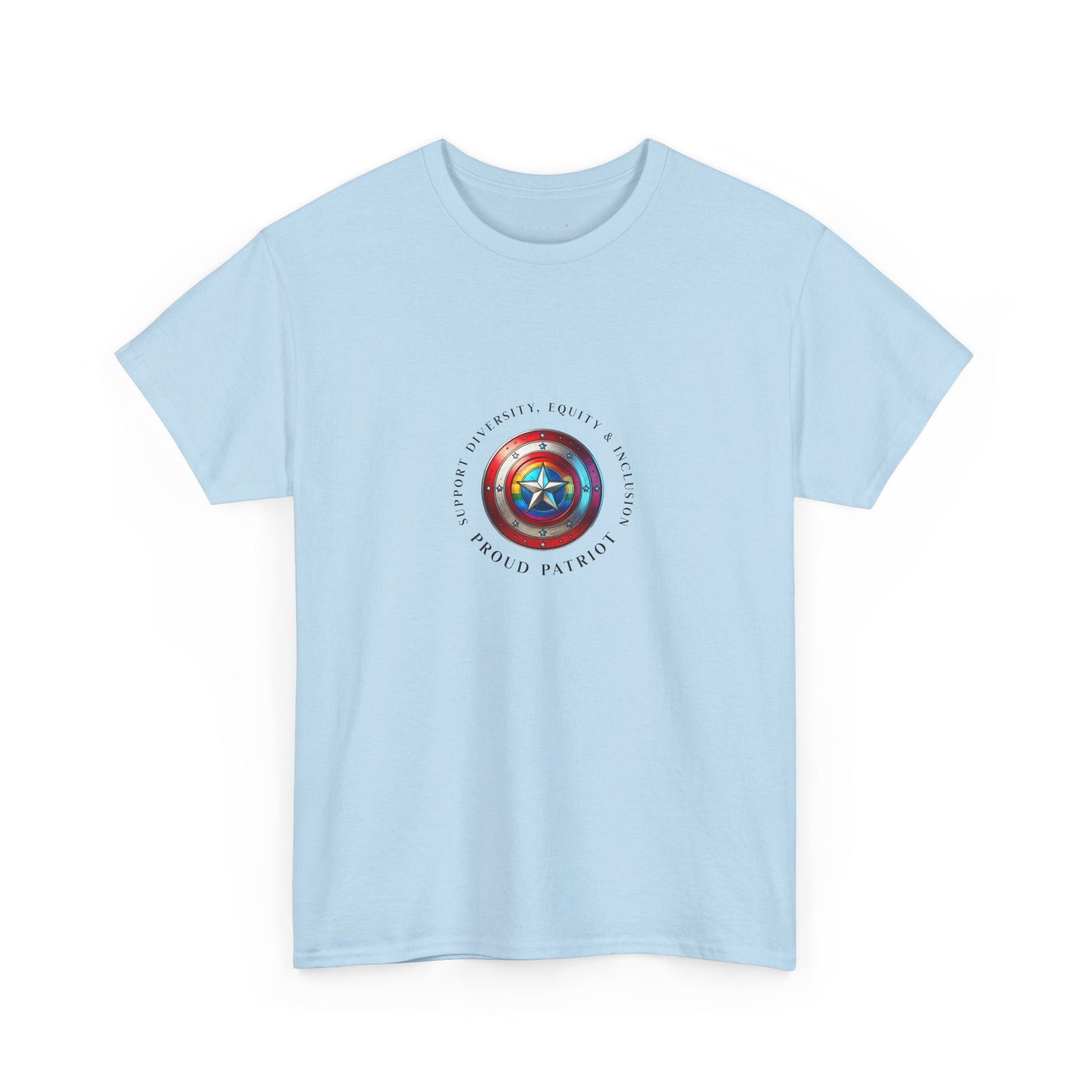 Vibrant DEI shield design on a unisex t-shirt celebrating diversity, equity, inclusion, and patriotism with a rainbow and star emblem.