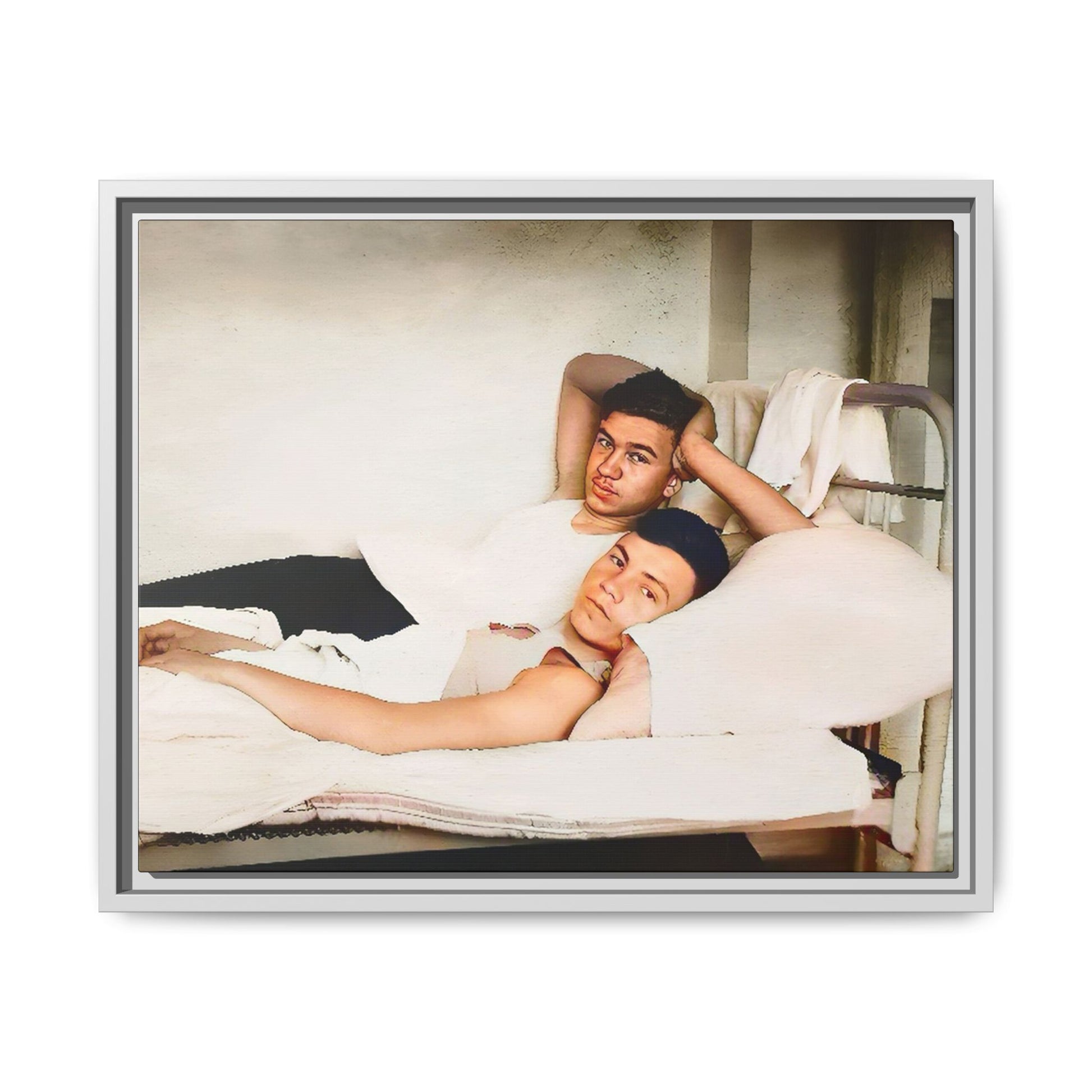 A vintage Gay couple portrait of Vernon & Jesse in Portland, Maine. This framed canvas print captures an intimate and heartfelt moment, making it a timeless addition to any home decor or a meaningful gift celebrating love and history.