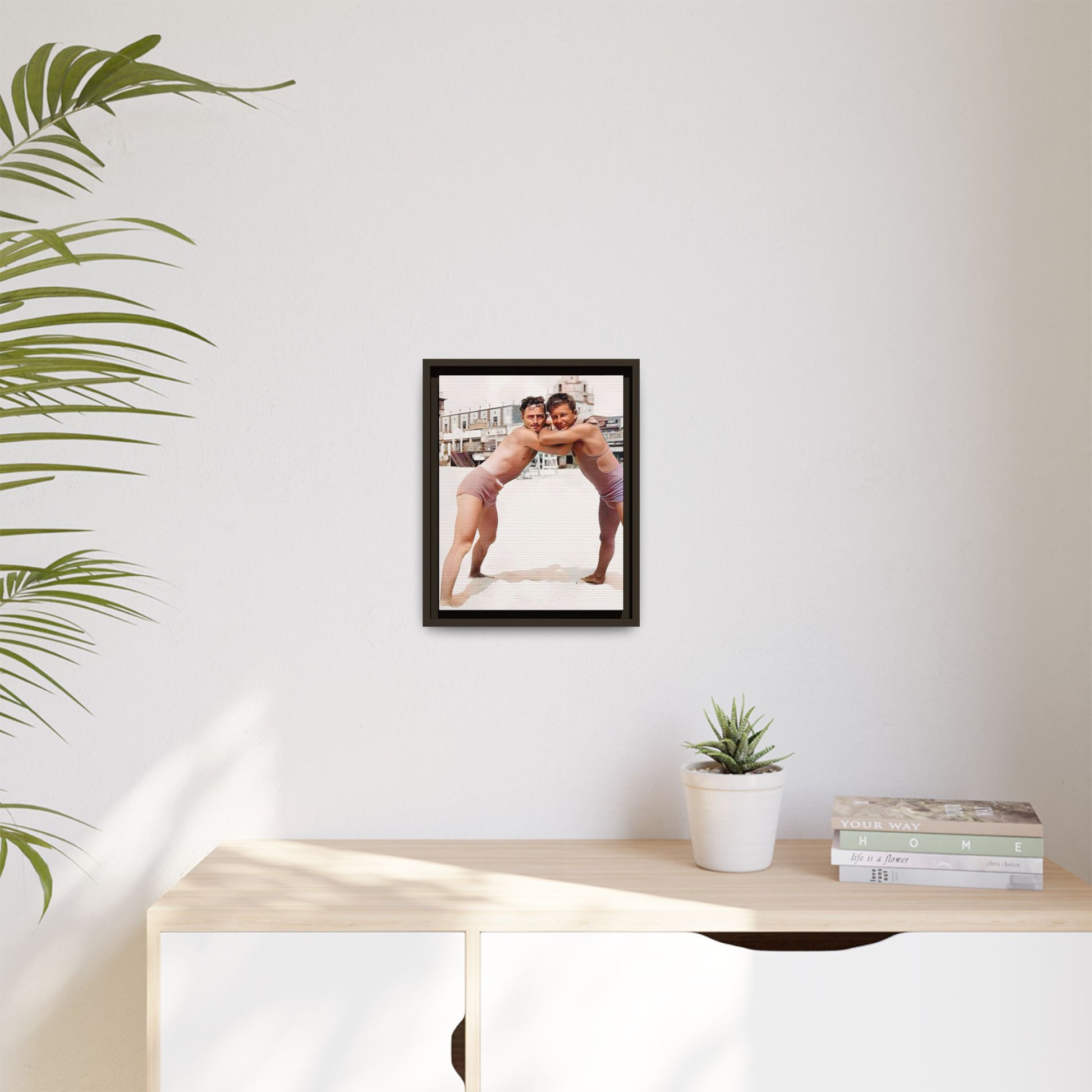 A vintage LGBTQ+ beach photo of Kenneth and Herman in Atlantic City, celebrating summer love and nostalgia. This restored and colorized canvas print captures the joy of seaside romance, making it a perfect addition to any vintage decor collection.