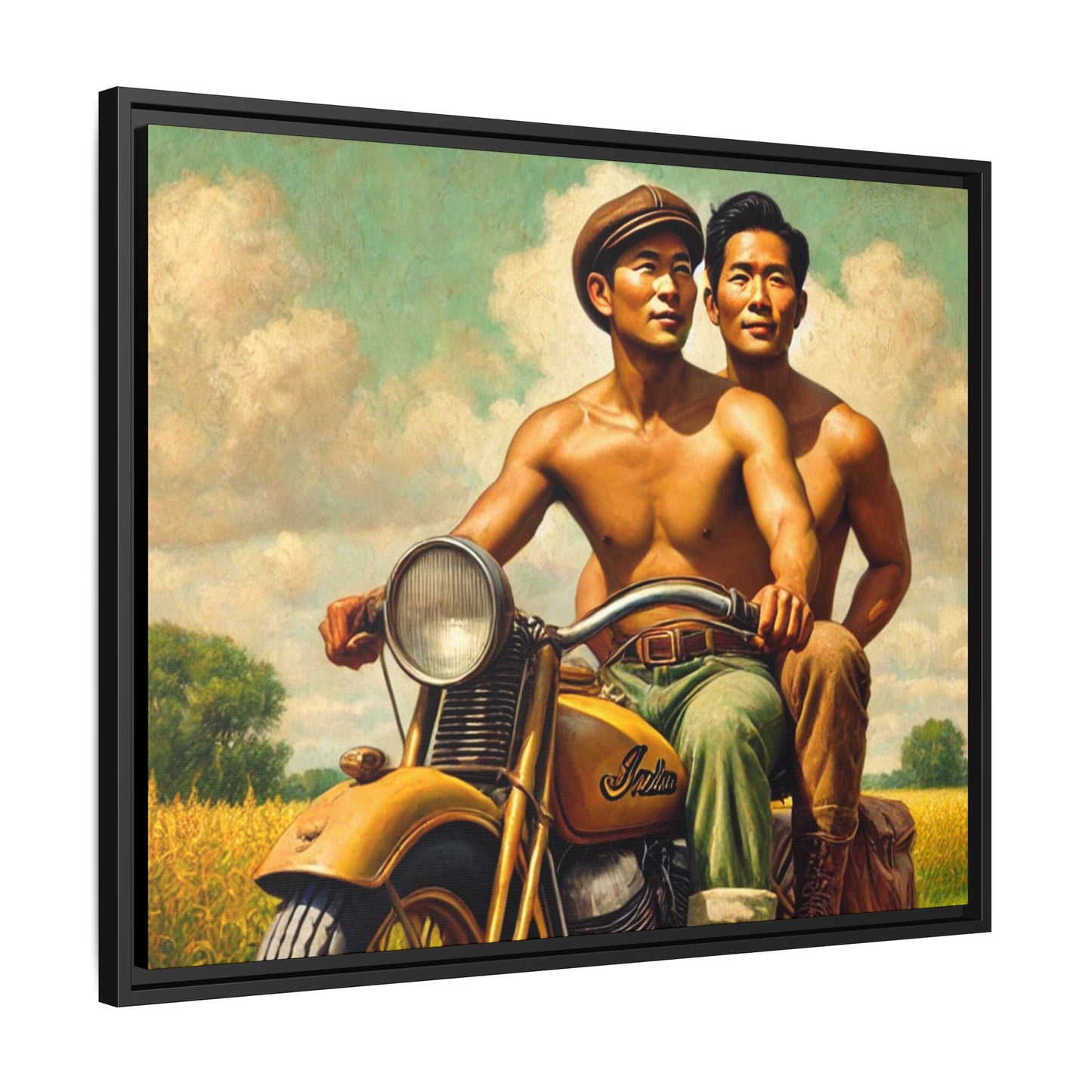 Framed artwork of an Asian-American gay couple riding a vintage yellow motorcycle through Iowa's serene countryside, celebrating love and unity.