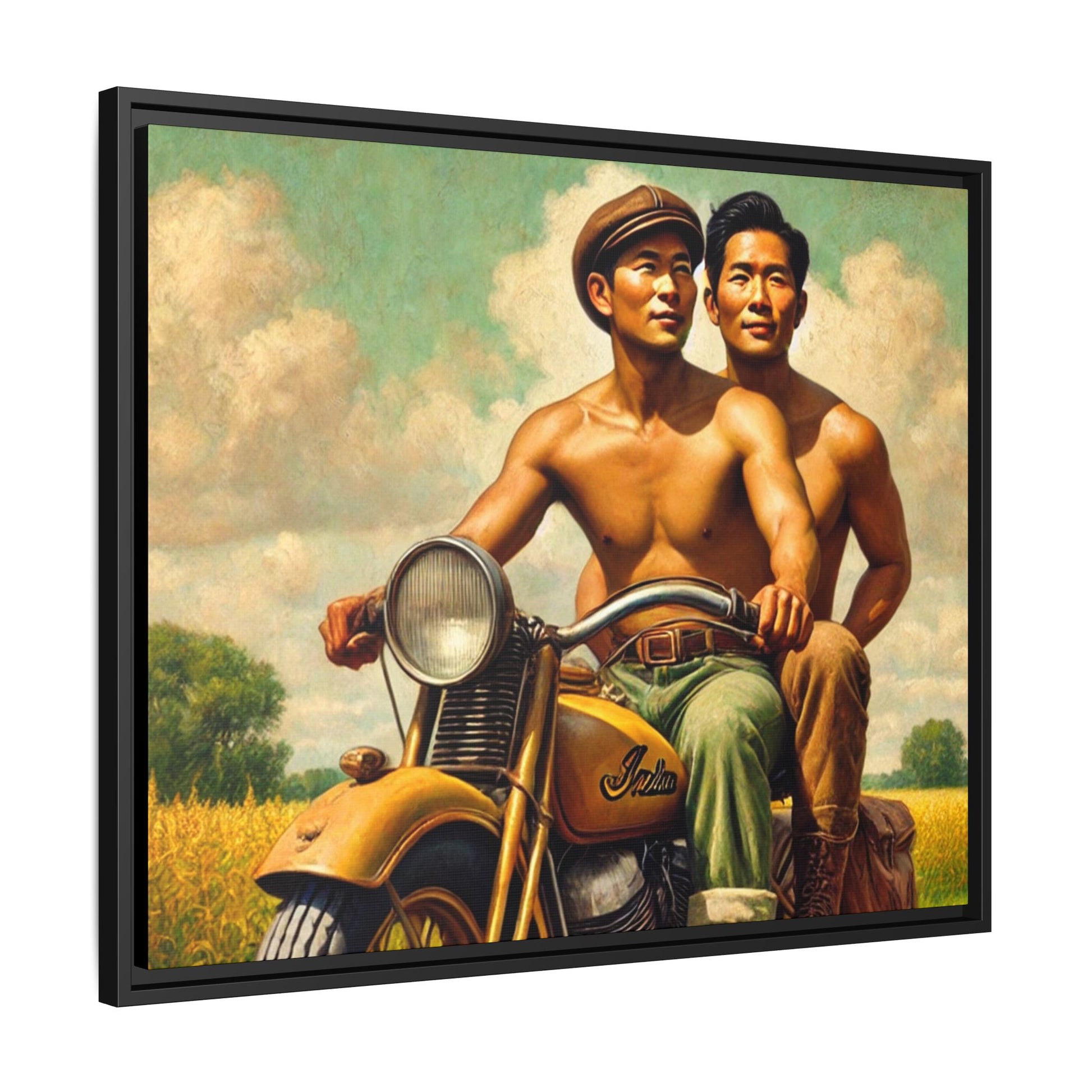 Framed artwork of an Asian-American gay couple riding a vintage yellow motorcycle through Iowa's serene countryside, celebrating love and unity.
