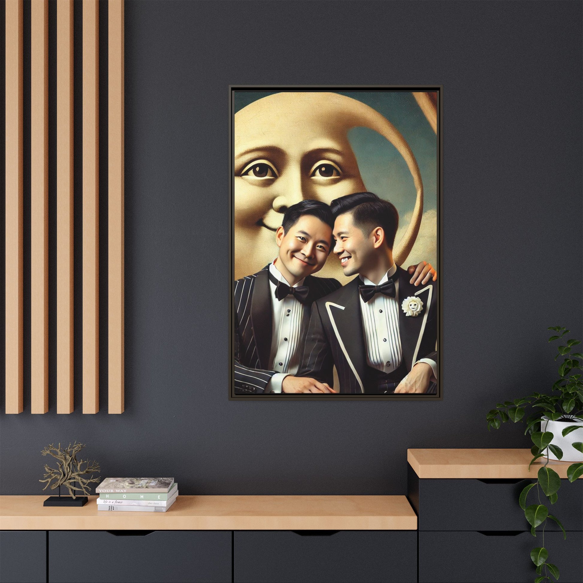 Framed matte canvas featuring a joyful queer Asian couple in tuxedos standing beneath a crescent moon. This artwork, part of the Missing Art Studies series, reimagines erased queer histories with warmth, dignity, and vintage-inspired style.