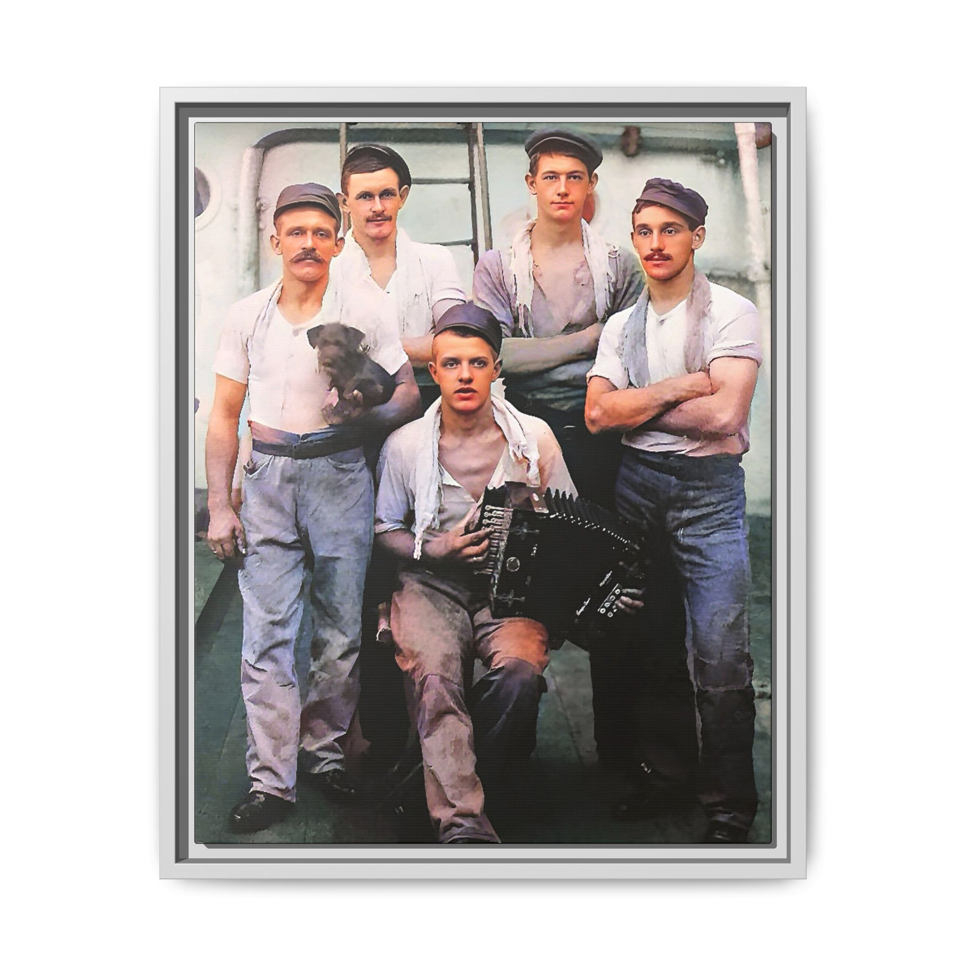 A vintage maritime photograph printed on matte canvas, featuring sailors aboard the Waimarino Cargo Ship, highlighting companionship, tradition, and the spirit of life at sea.