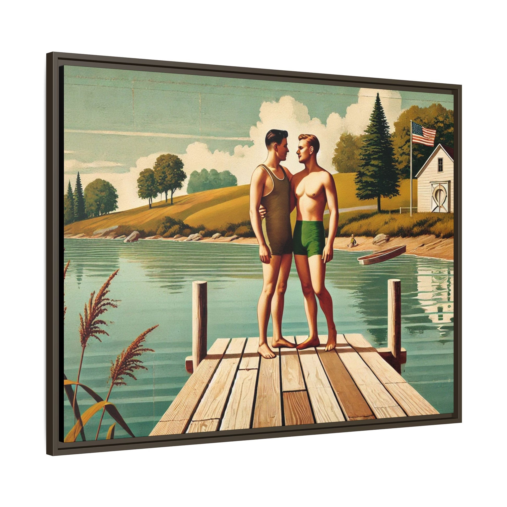 Framed artwork of a gay couple sharing a tender moment on a wooden dock by a peaceful lake, dressed in vintage swimwear. Set against rolling hills and a lakeside cabin, this nostalgic scene honors LGBTQ+ love in a serene Midwestern summer setting.