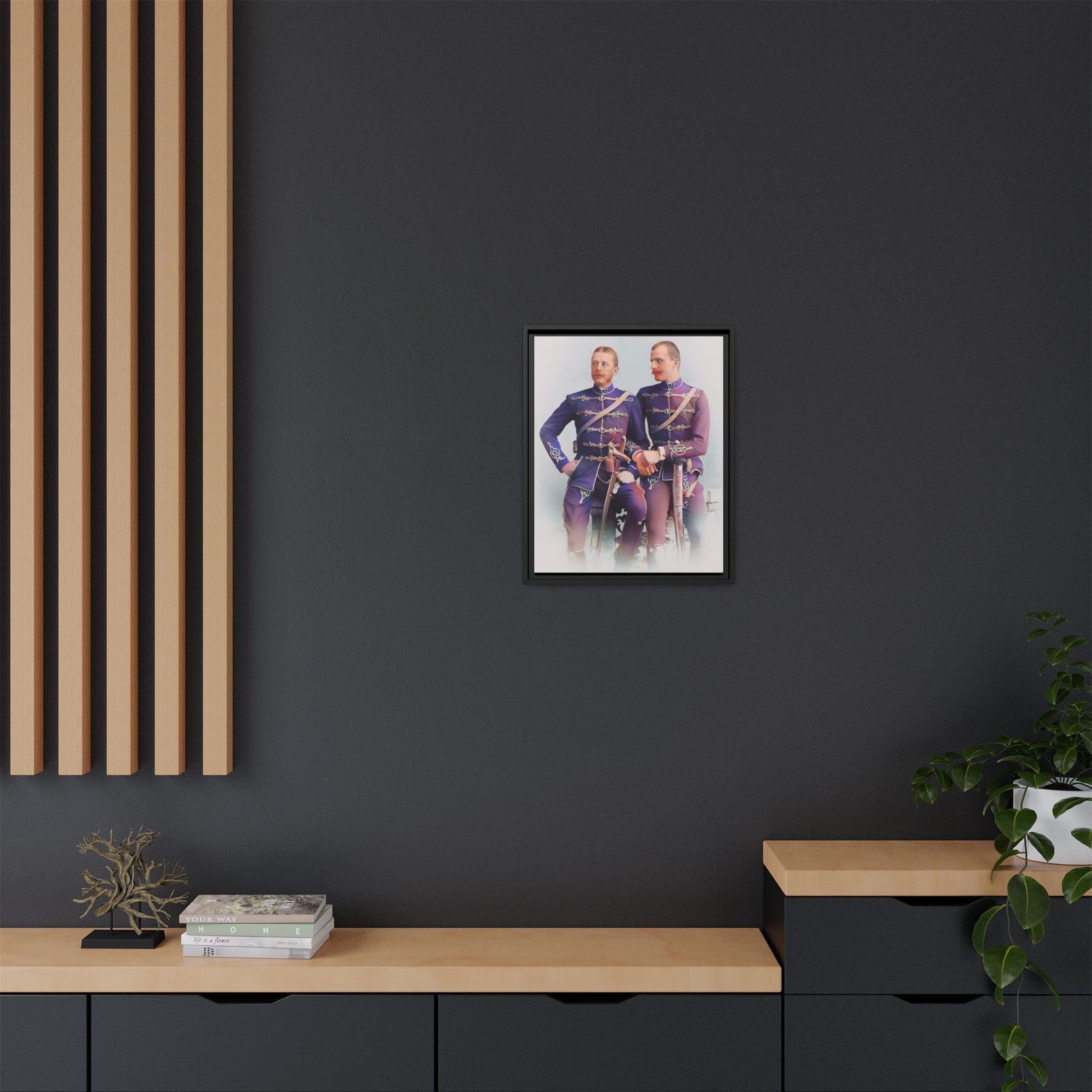 A restored vintage military portrait of Nicolae & Valeriu, elegantly framed to honor LGBTQ+ history and love.