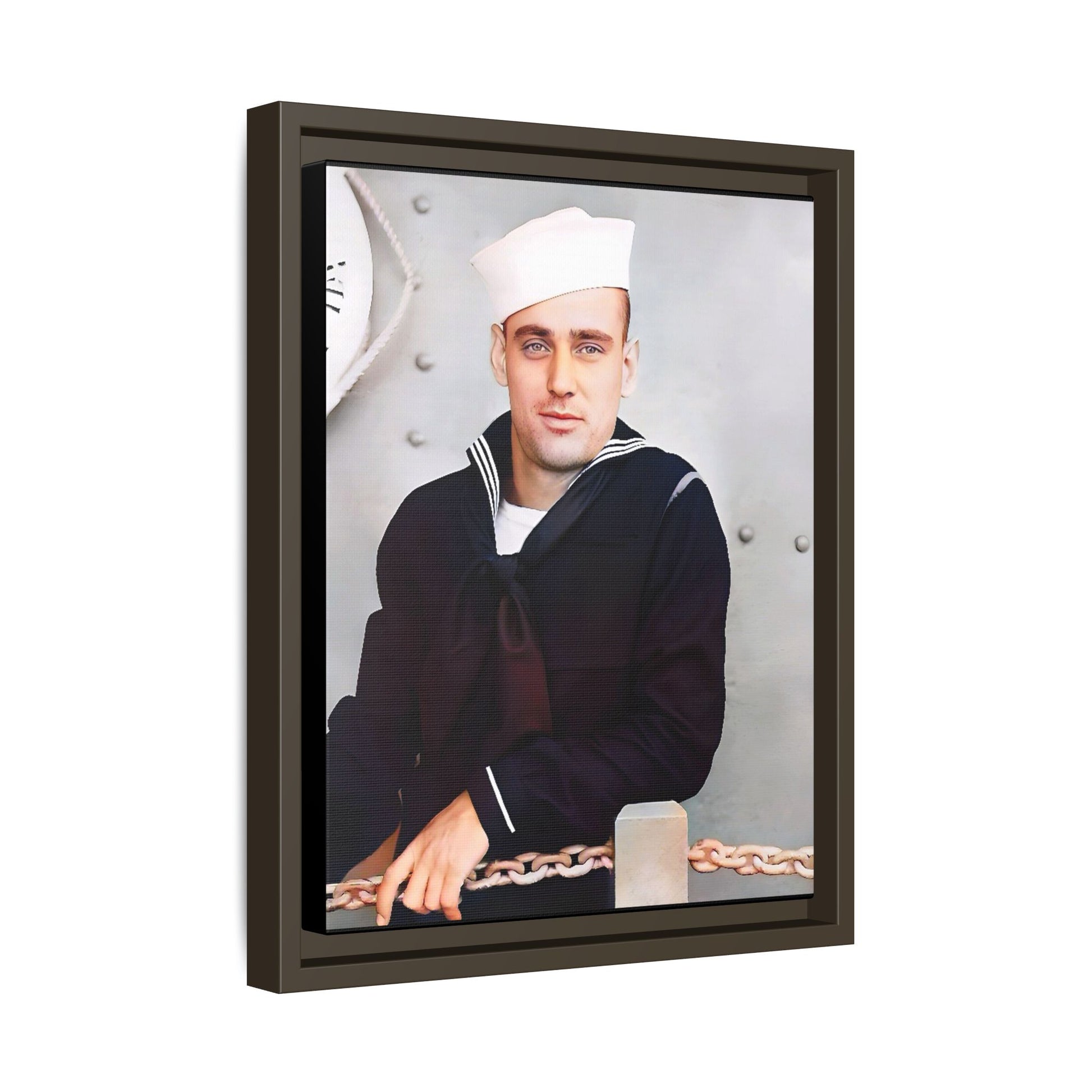 A restored vintage portrait of Francis aboard the USS Might. This framed matte canvas captures naval history, service, and timeless duty.