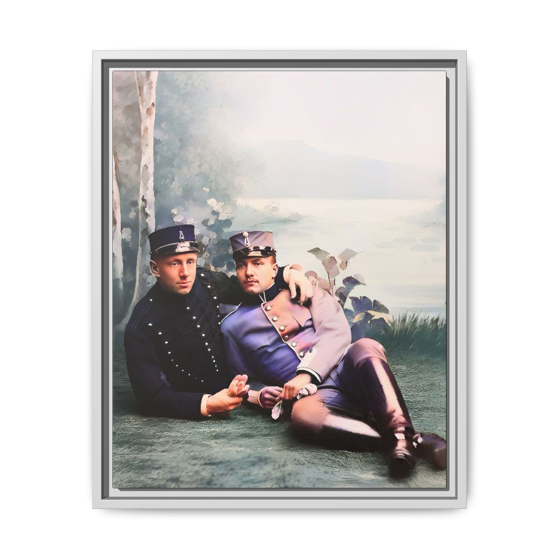 Restored early 1900s photo of Karl and Mats in Swedish military uniforms, reclining by a lakeside, celebrating LGBTQ+ love and history, framed as wall art. Gay Couple Vintage foto homosexuella par