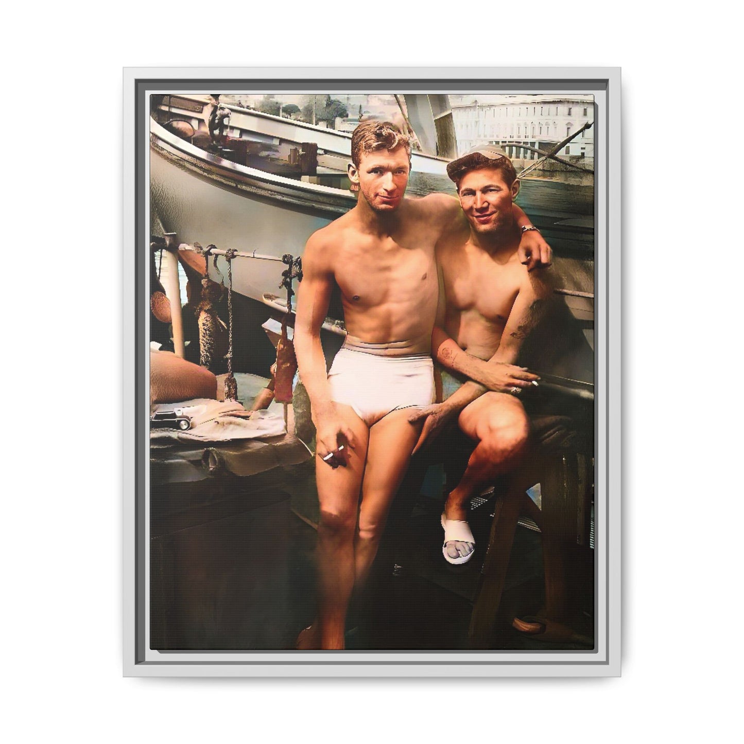A framed vintage nautical portrait on matte canvas featuring Richard and Joey in Gulf Shores, Alabama, capturing timeless LGBTQ+ connection and coastal charm. Gay Couple