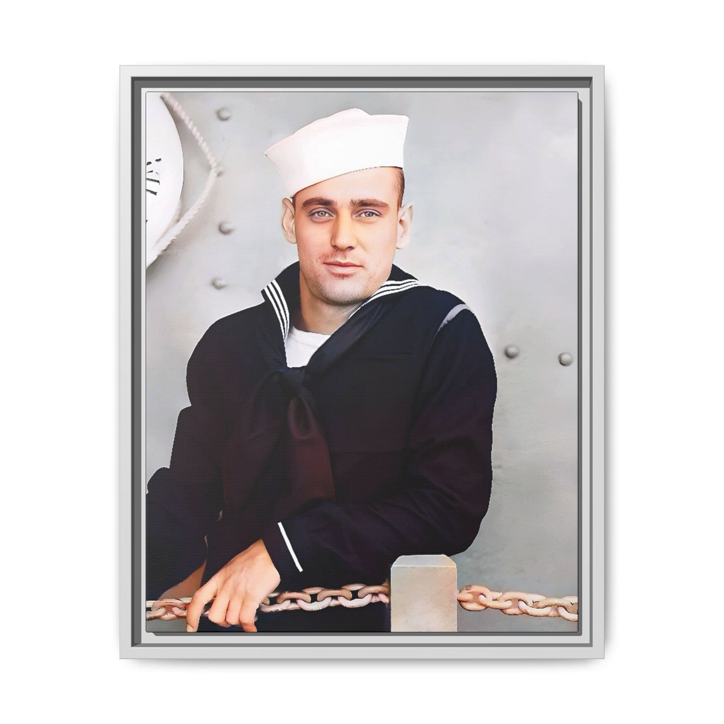 A restored vintage portrait of Francis aboard the USS Might. This framed matte canvas captures naval history, service, and timeless duty.