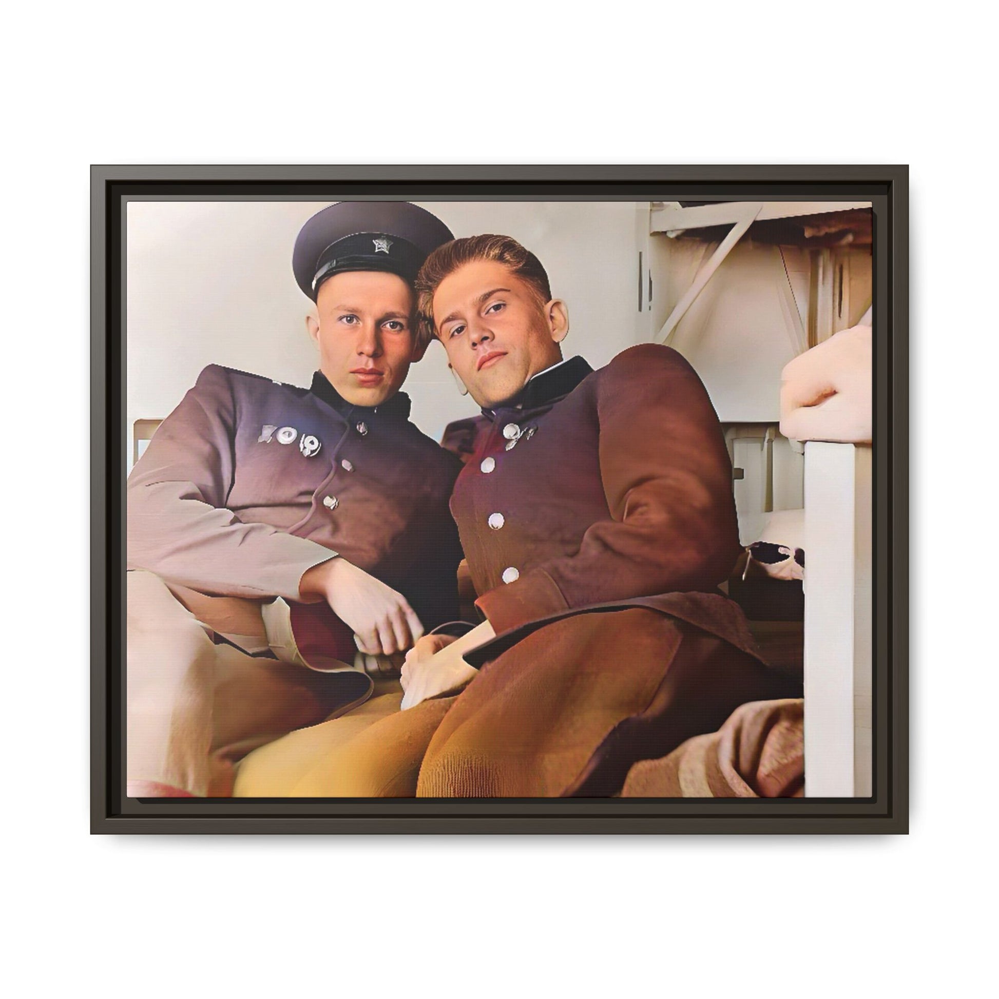 A restored vintage photograph of two Russian soldiers in uniform, seated together in their quarters in Volgograd, Russia. Their relaxed postures and warm expressions capture a moment of camaraderie, resilience, and military history. A powerful tribute to LGBTQ+ representation in the armed forces. Gay Couple Винтажное фото  гей-пара