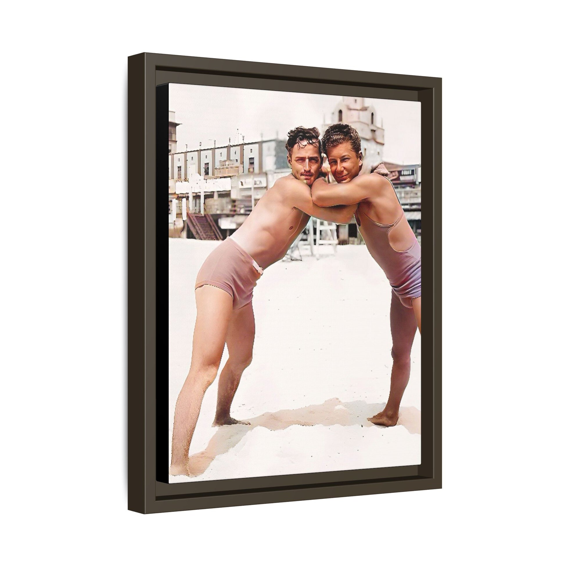 A vintage LGBTQ+ beach photo of Kenneth and Herman in Atlantic City, celebrating summer love and nostalgia. This restored and colorized canvas print captures the joy of seaside romance, making it a perfect addition to any vintage decor collection.
