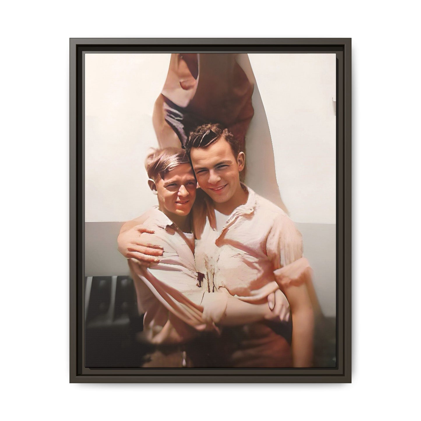 A framed vintage WWII-era portrait on matte canvas featuring Walter and Paul at Camp Shanks, NY, capturing love and resilience during wartime. Gay Couple